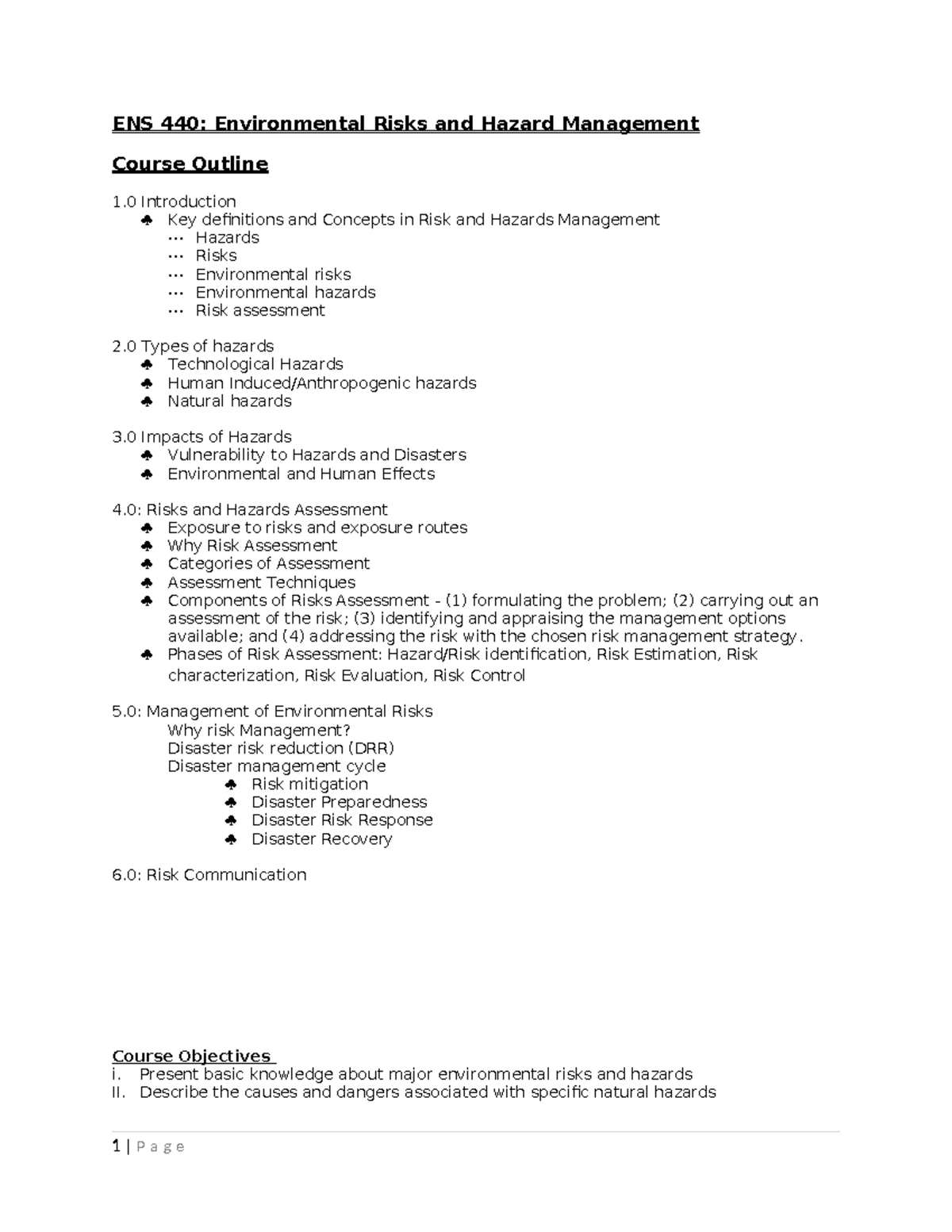 ENS 440: Environmental Risks and Hazard Management Lecture Notes - Studocu