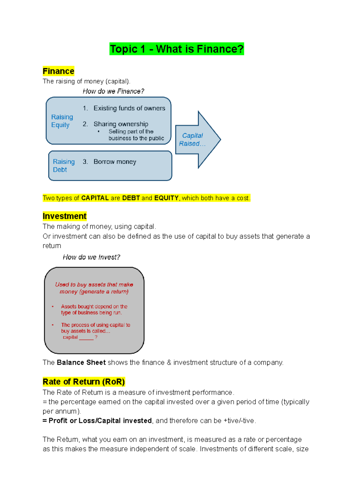 BFF1001 - Foundations of Finance Topic 1 Lecture Notes Summary - Studocu