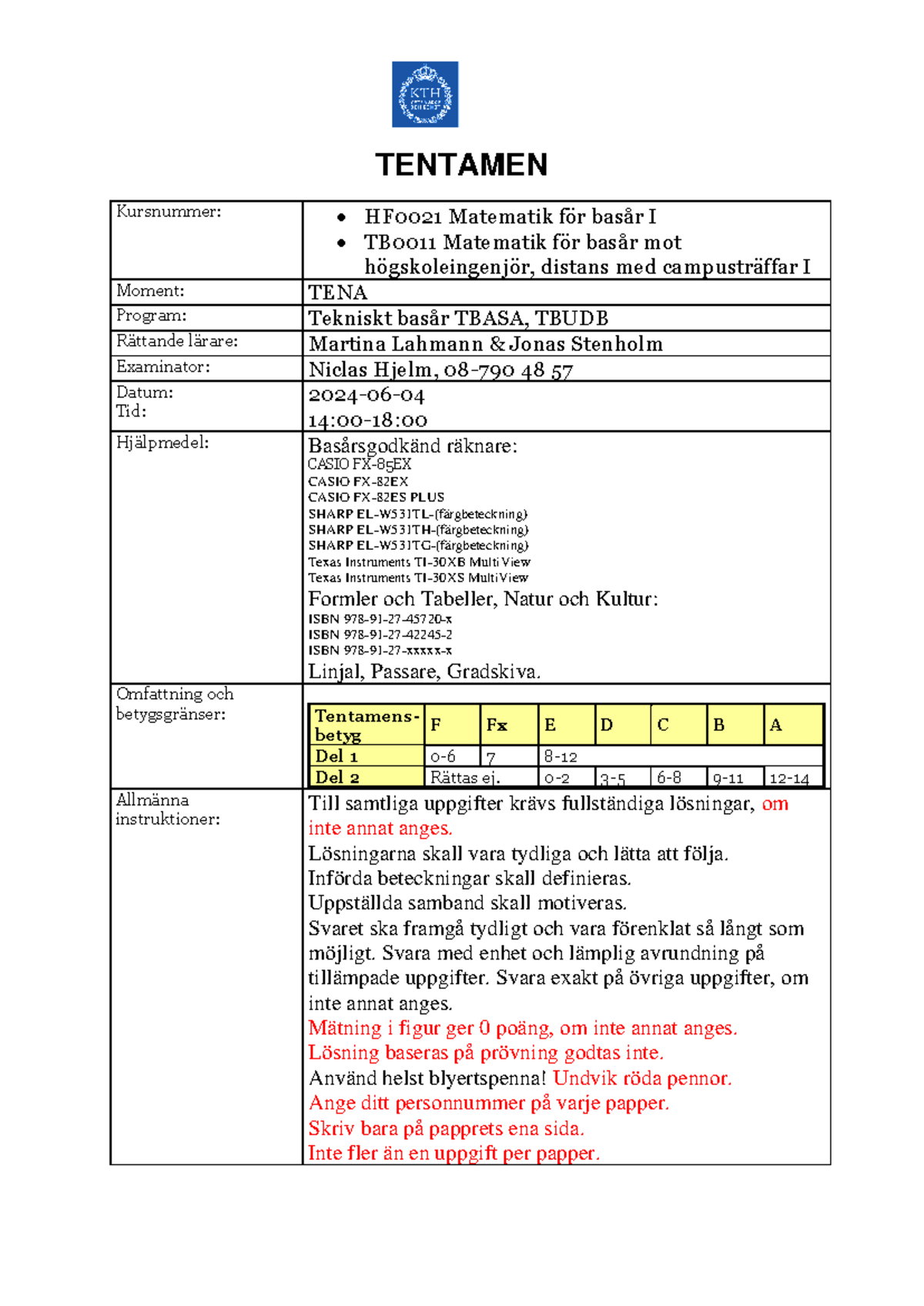 Tentamen HF0021 Matematik för basår I - Ma1A T4 240604 - Studocu