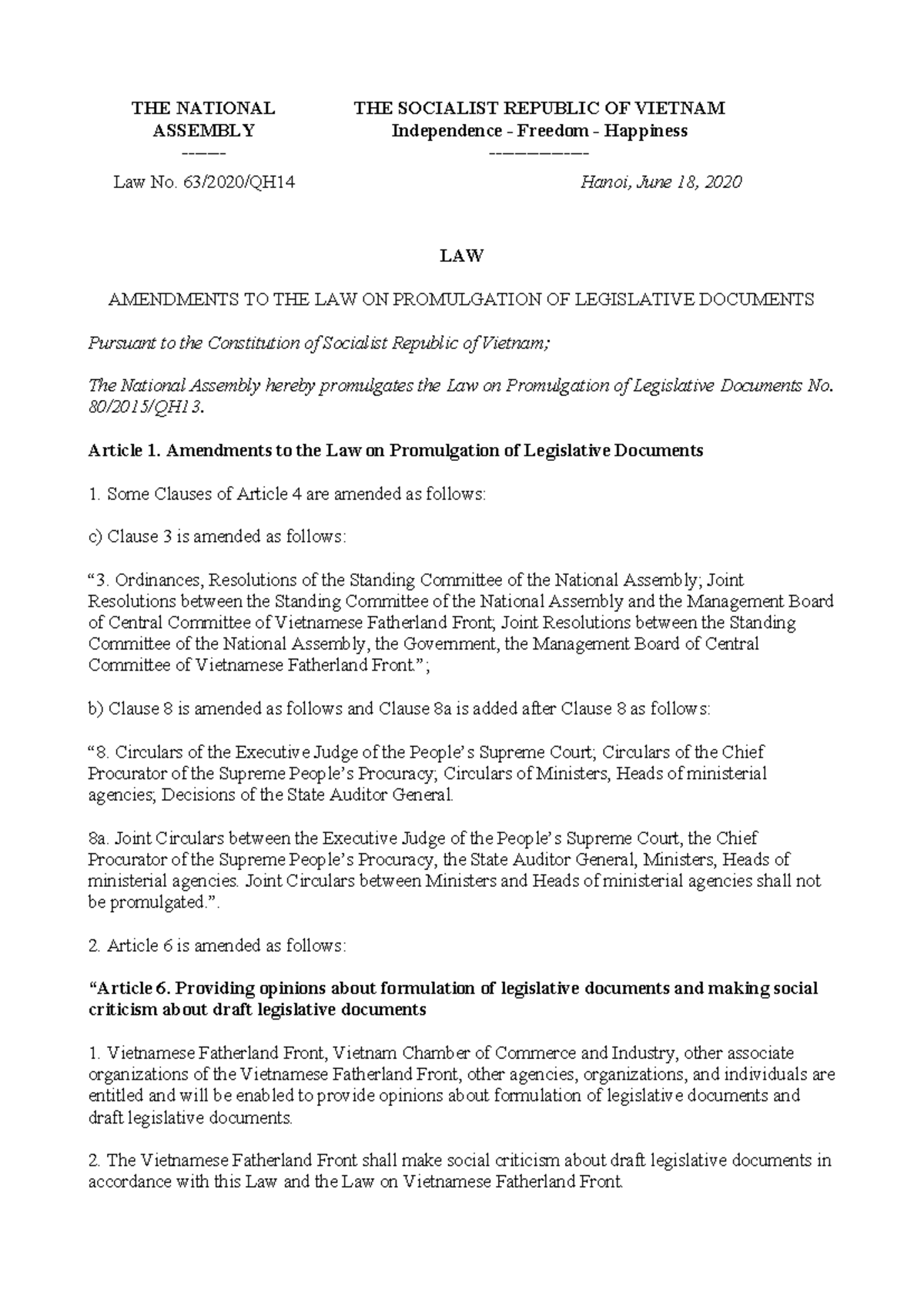 Law No. 63/2020/QH14: Amendments to Legislative Document Promulgation ...