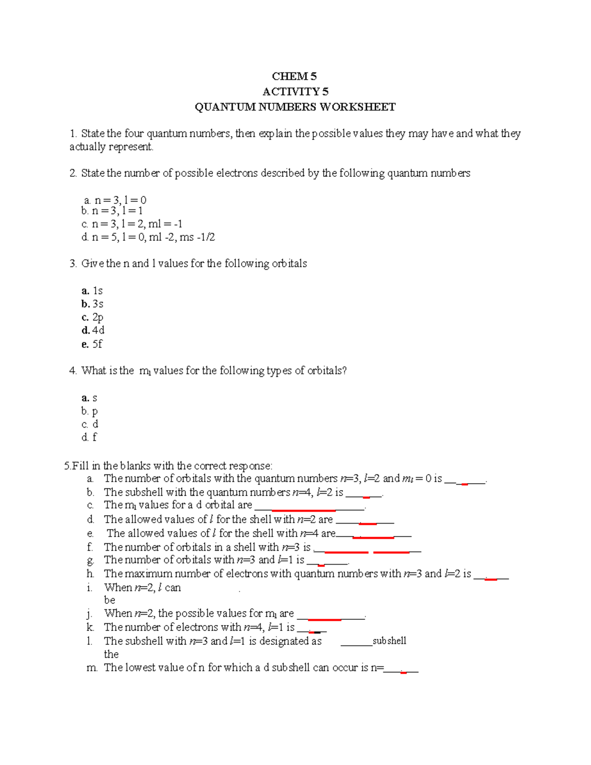 CHEM 5 Activity 5: Quantum Numbers Worksheet and Exercises - Studocu