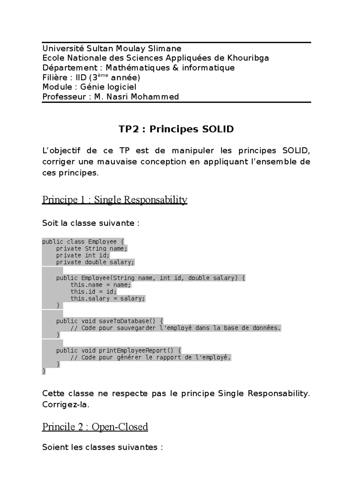 TP2: Principes SOLID en Génie Logiciel - IID 3ème année - Studocu