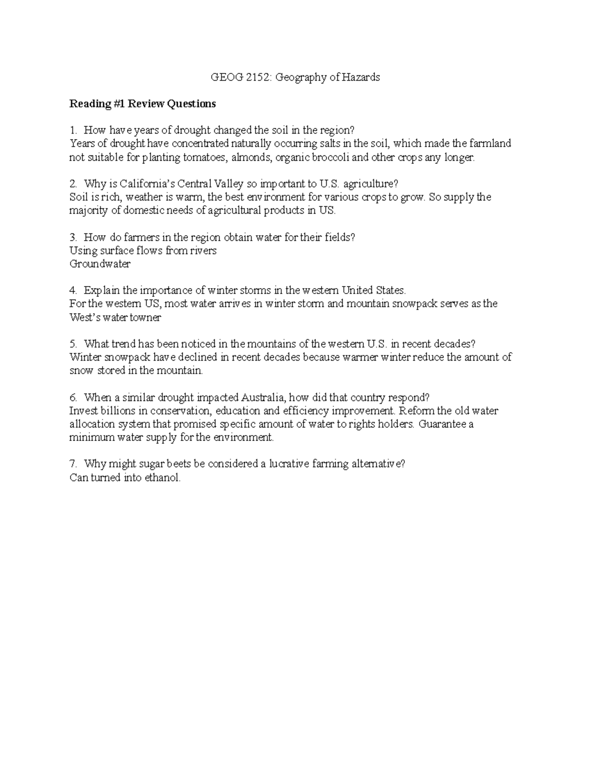 GEOG 2152: Reading 1 Review Questions on Geography of Hazards - Studocu