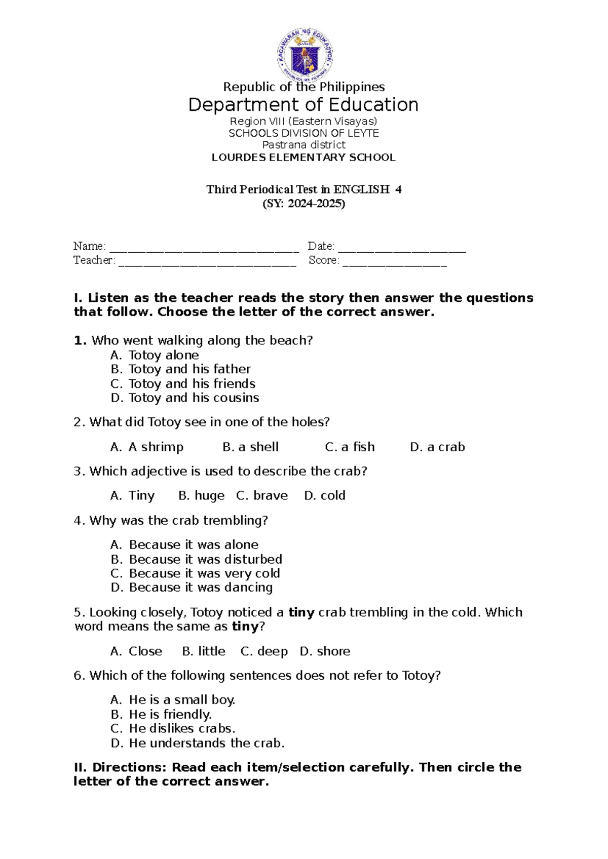 PT English 4 Q3 - Periodical Test in Grade 4 - Republic of the ...