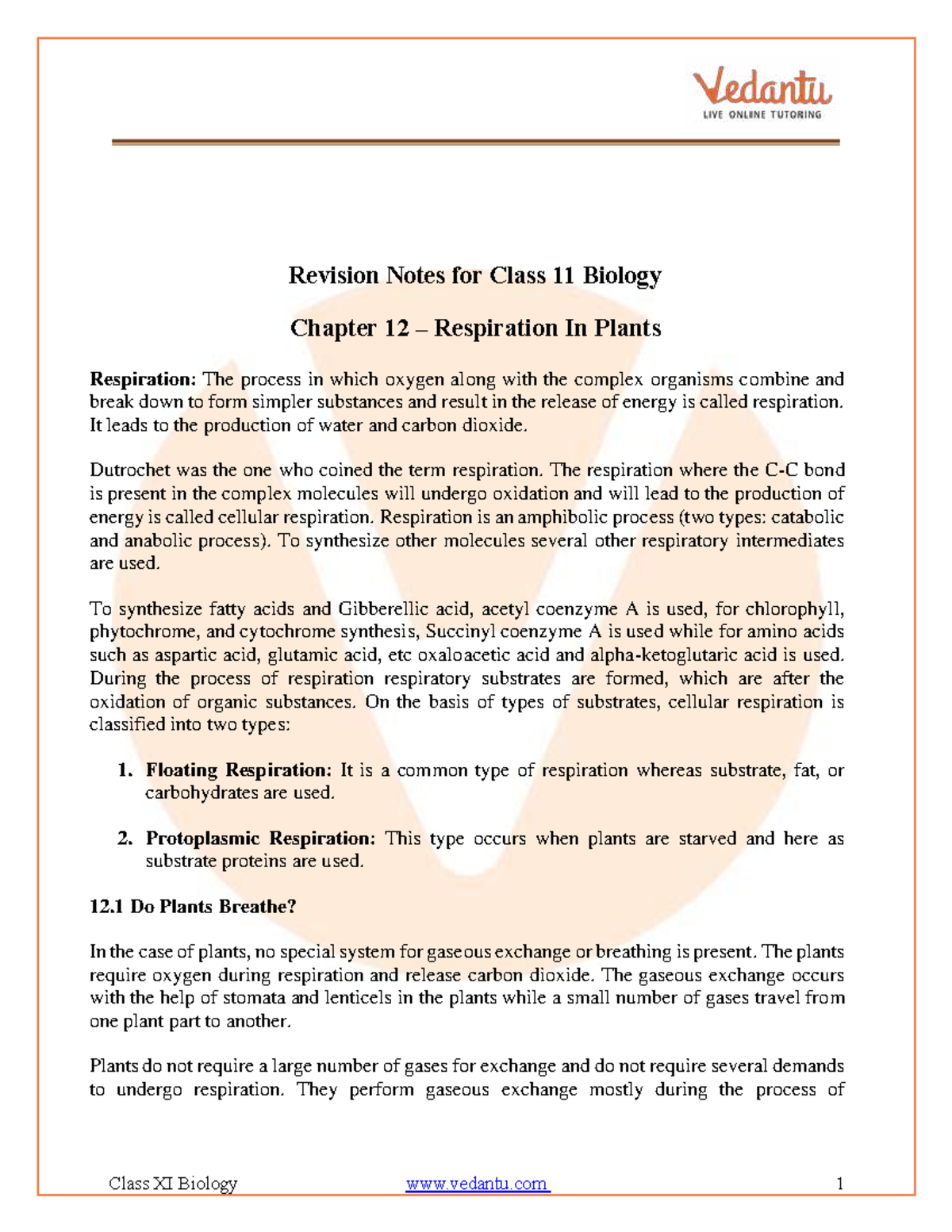 CBSE Class 11 Biology Chapter 12: Respiration in Plants Notes - Studocu