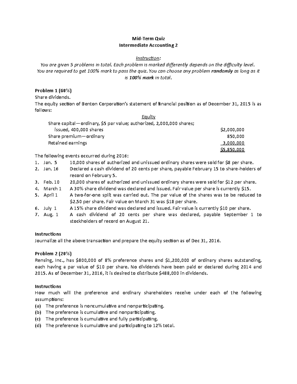 Midterm Quiz: Intermediate Accounting 2 (ACC 302) Study Guide - Studocu