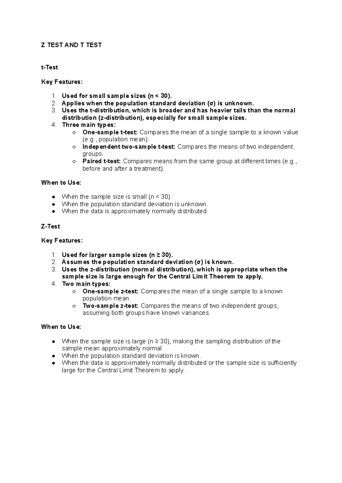 Z TEST AND T TEST: Key Features and Applications in Statistics - Studocu