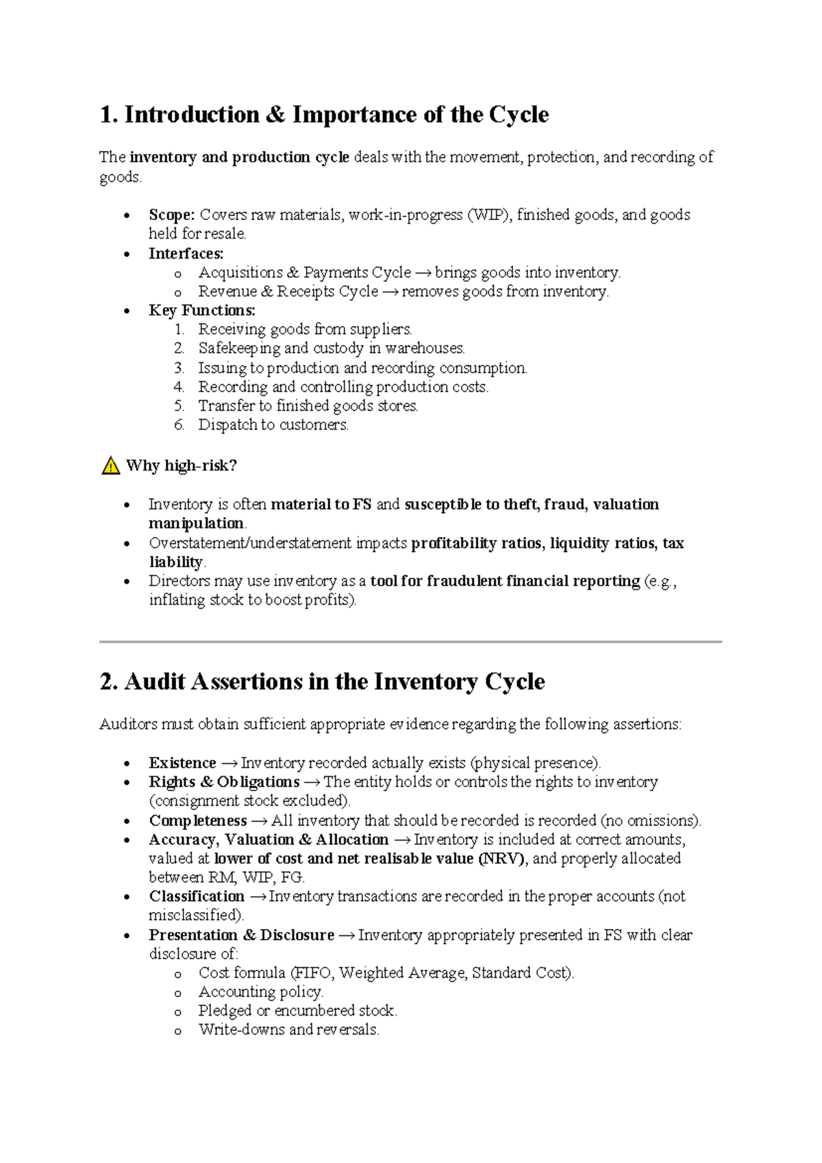 Inventory Cycle: Key Functions, Risks, and Audit Procedures - Studocu