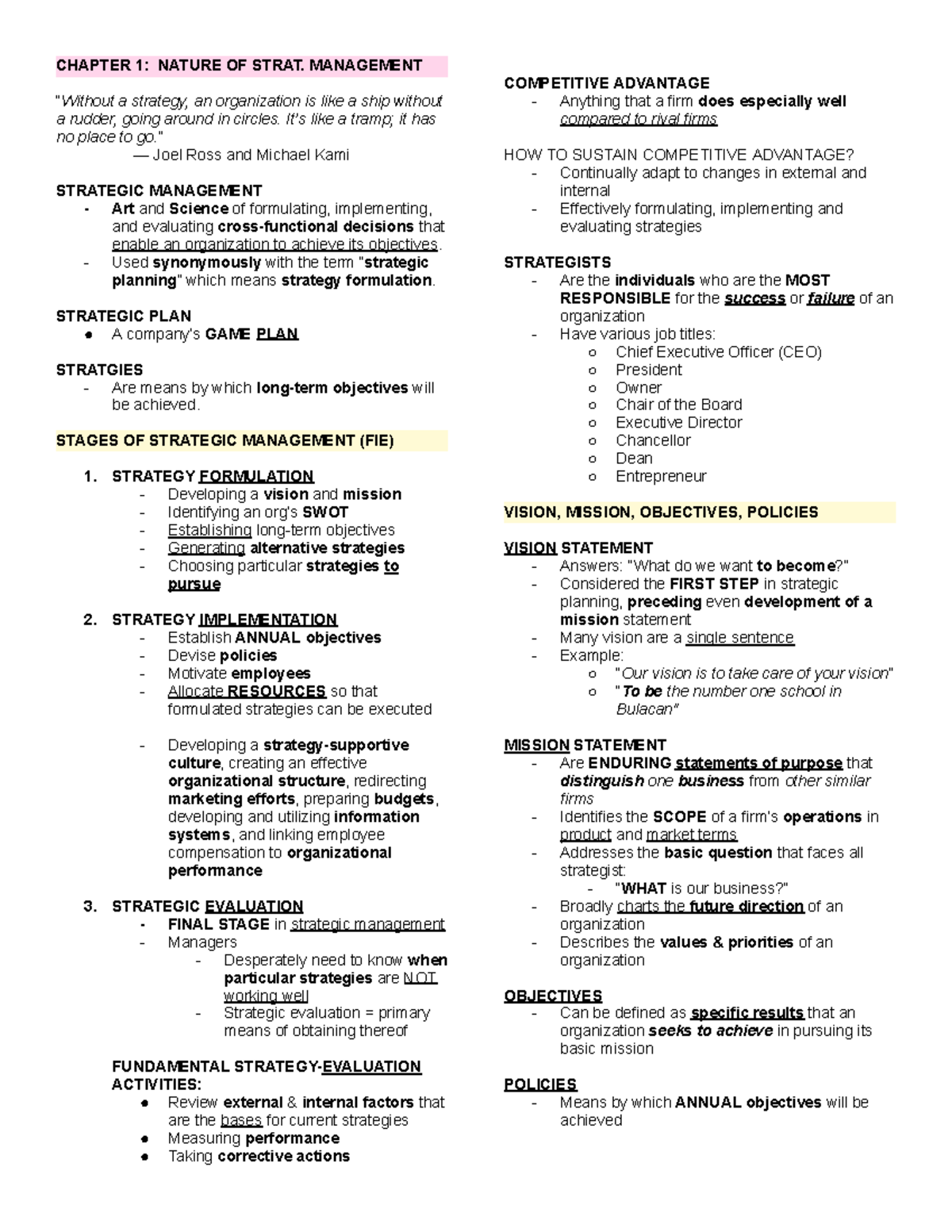 CHAPTER 1: NATURE OF STRATEGIC MANAGEMENT (STRAT 101) - Studocu