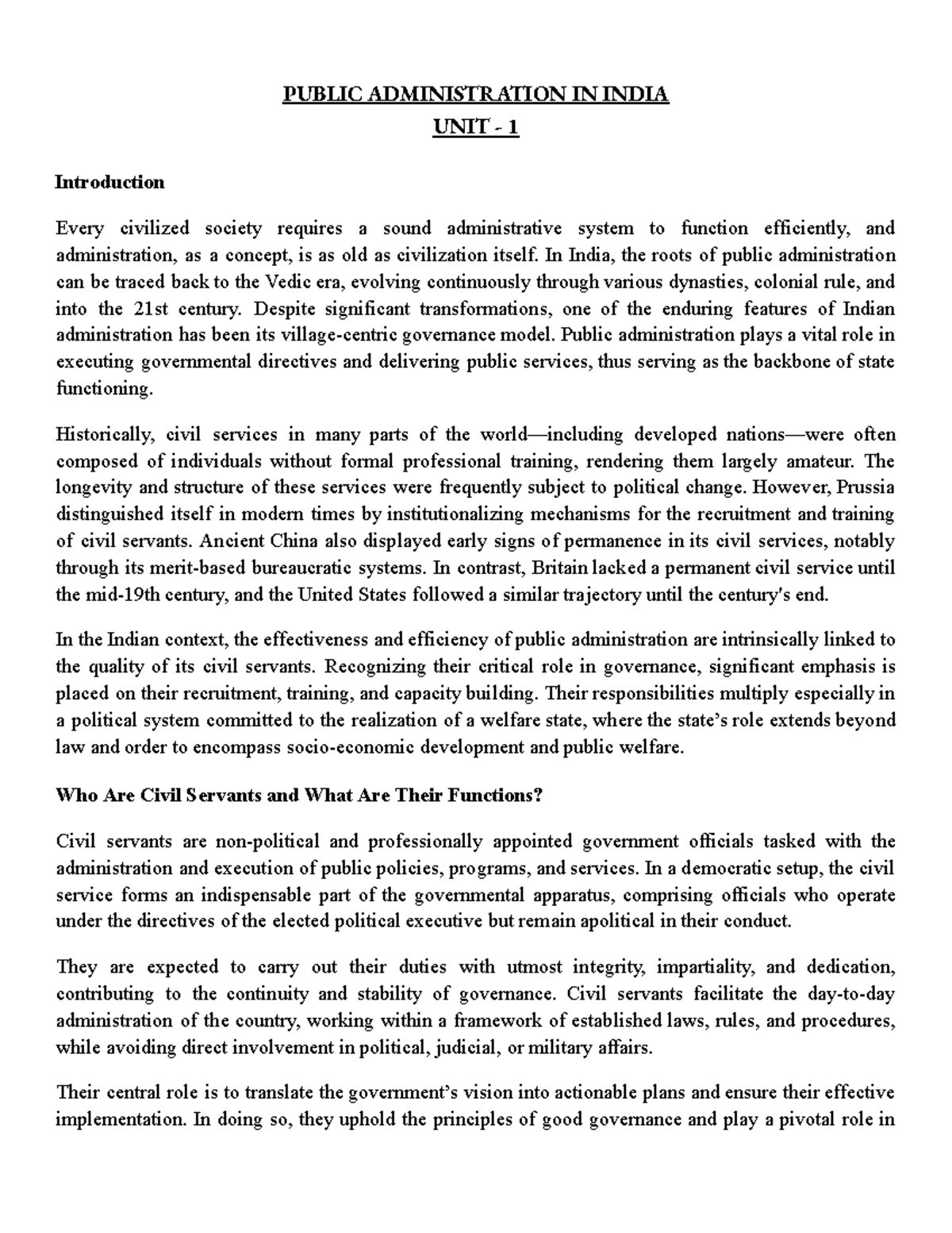 PAI 101 UNIT 1: Overview of Public Administration in India - Studocu