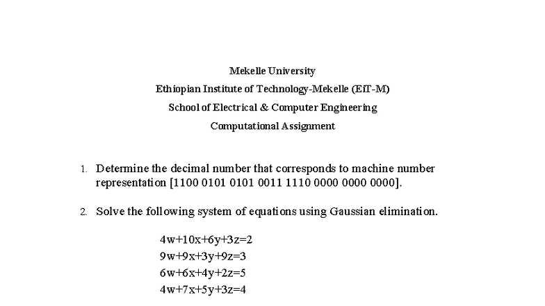 Mekelle University EECE 101: Computational Assignment 1 Notes - Studocu