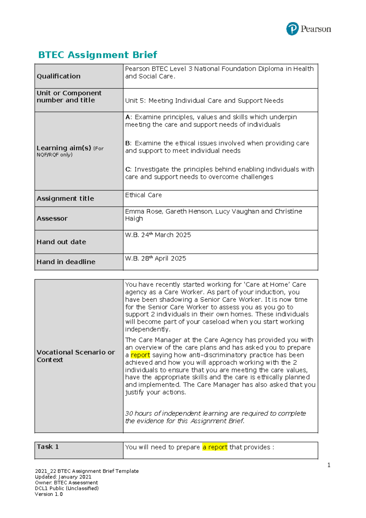 BTEC Level 3 Unit 5 Assignment: Ethical Care and Support Needs - Studocu