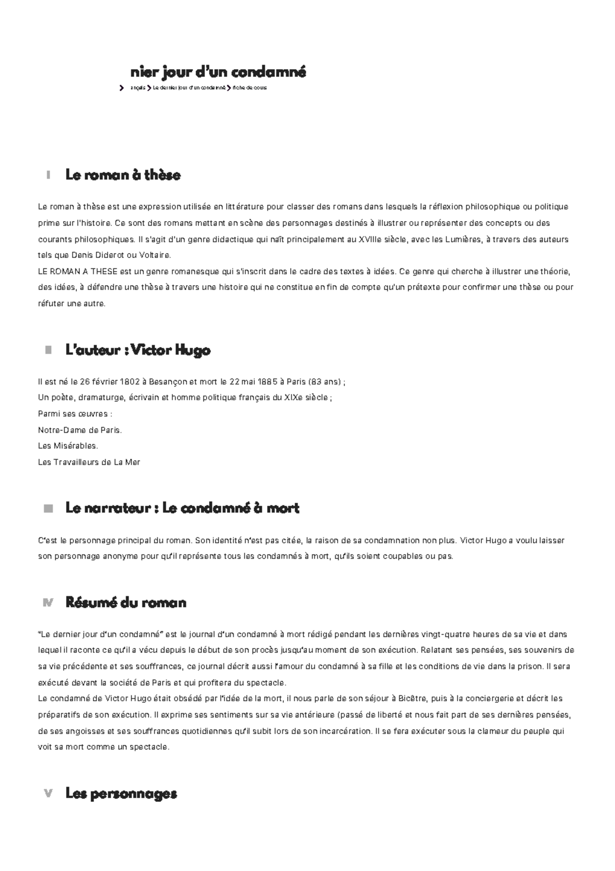 Le Dernier Jour d'un Condamné - Fiche de Cours 1BAC - Studocu