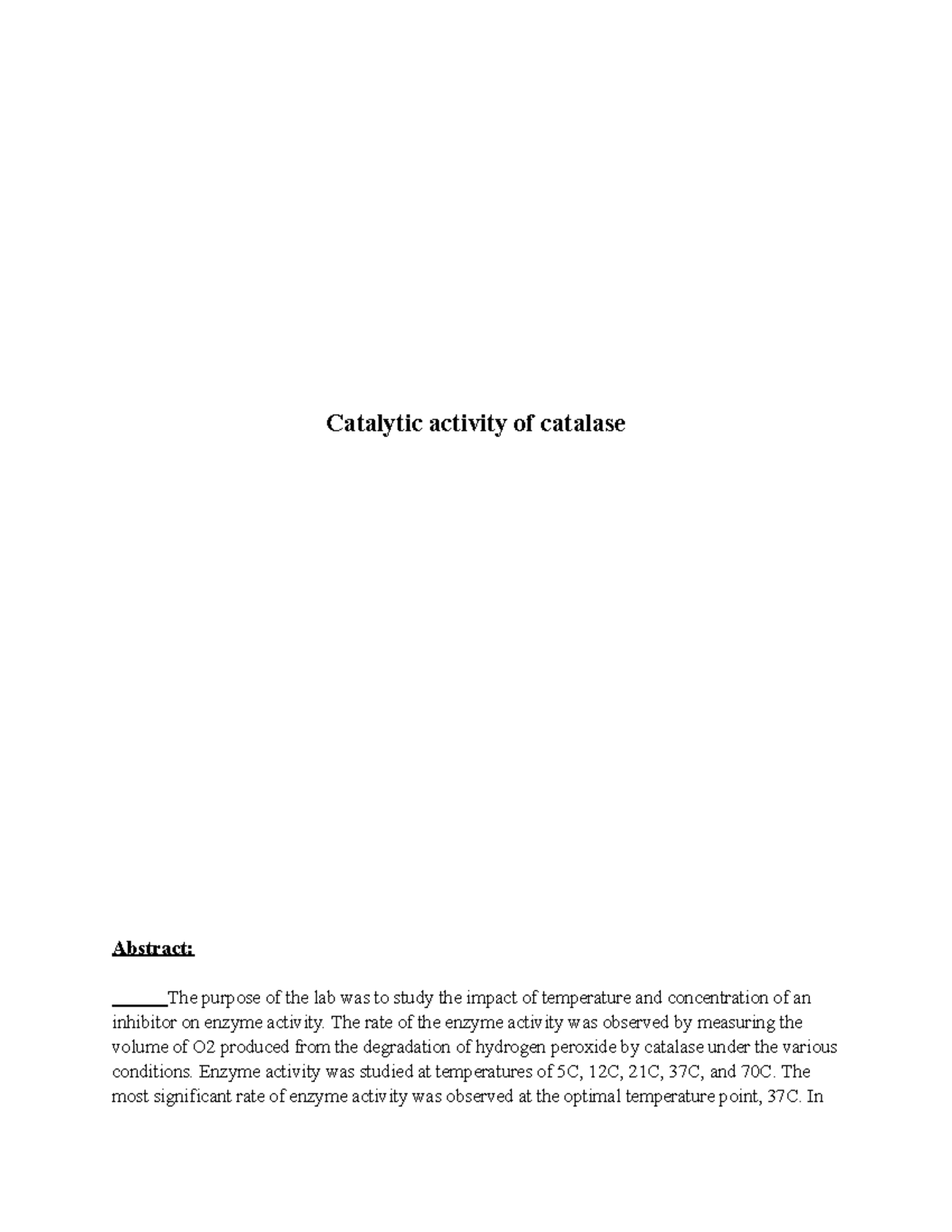 Enzyme Activity Lab Report: Catalase and Inhibitor Effects - Studocu