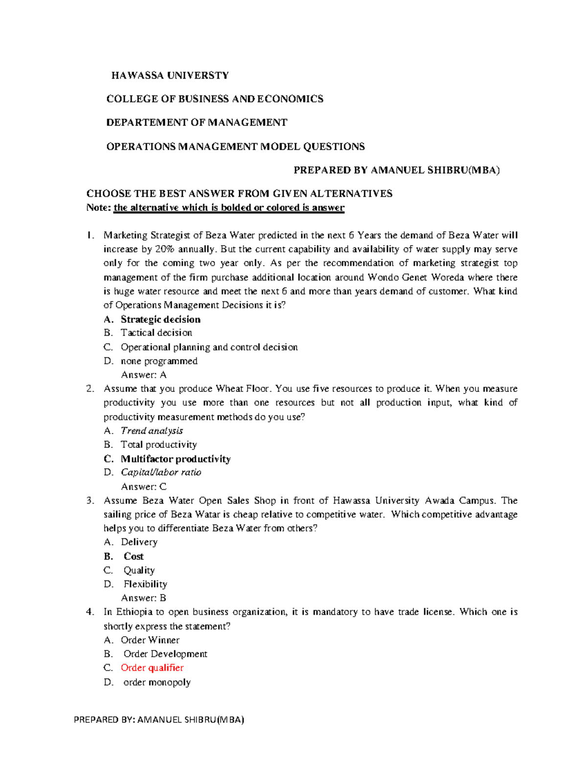 OM Model Exam Questions - HAWASSA UNIVERSITY (MBA) - Studocu