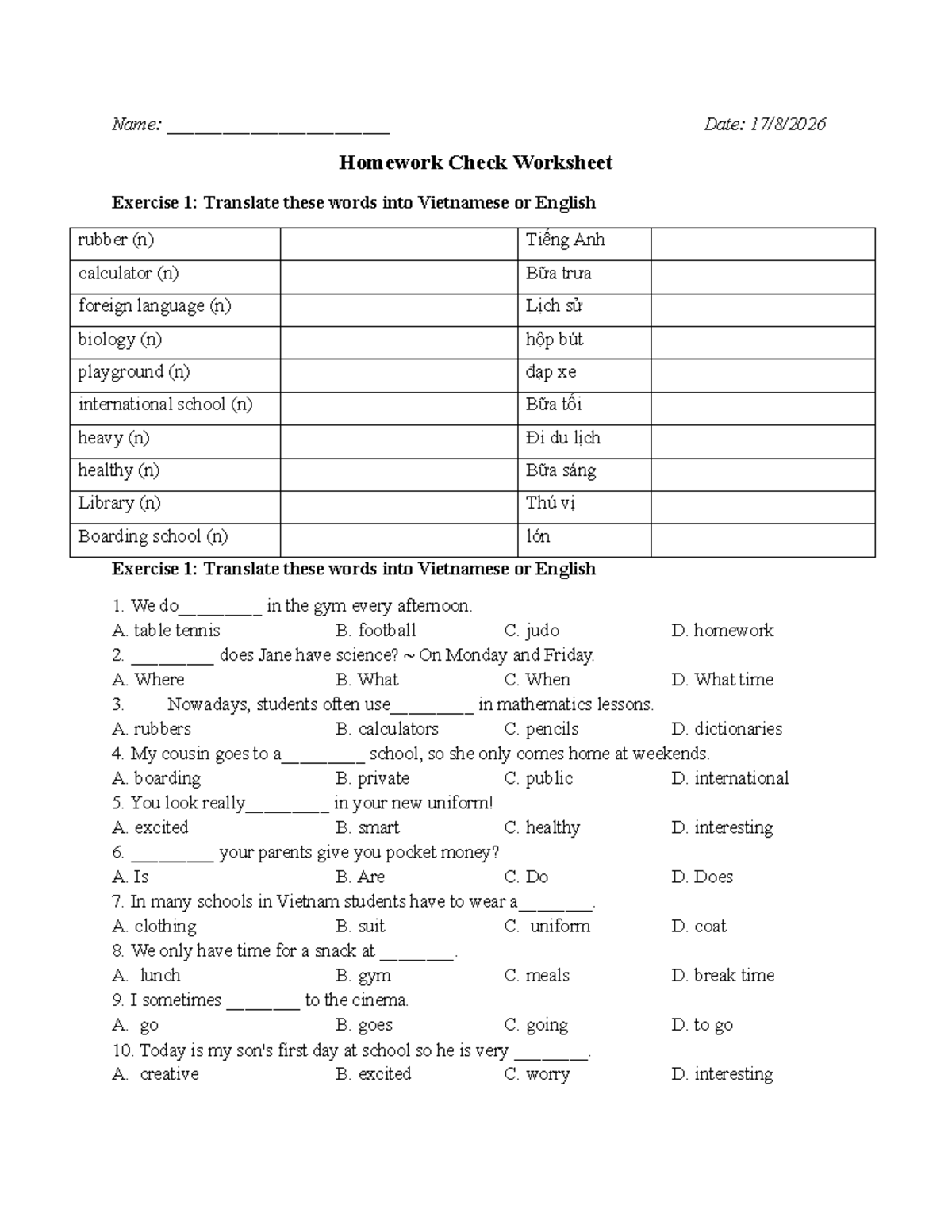 Homework Check Worksheet Uni1: Vocabulary & Grammar Exercises - Studocu