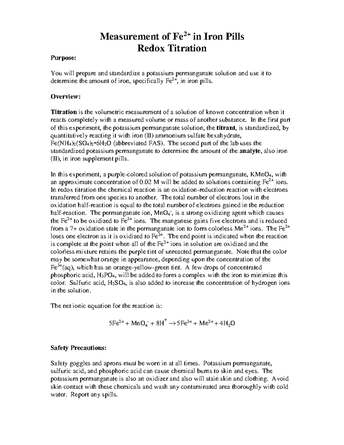 Redox Titration of Fe2+ in Iron Pills - Chem IA Lab Example - Studocu
