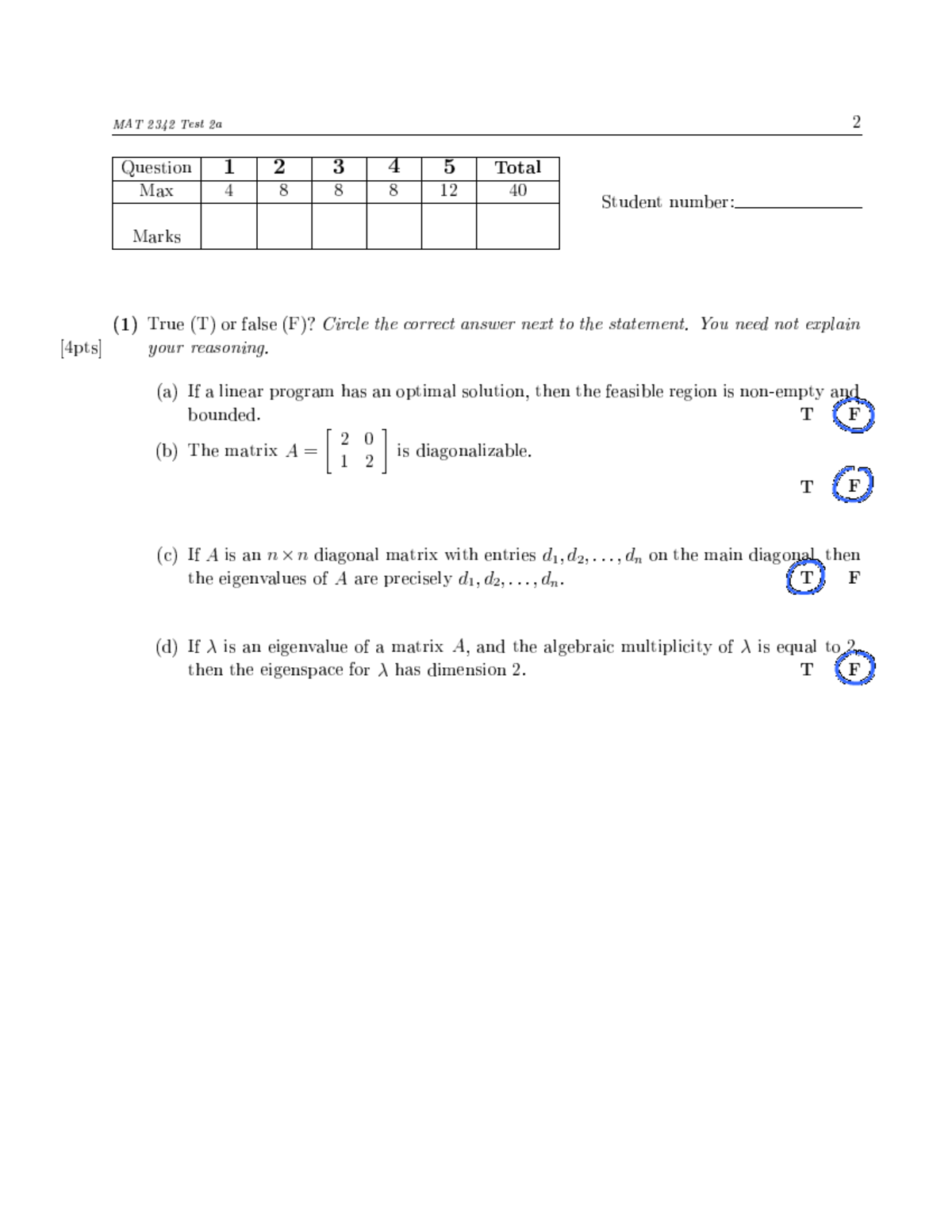 MAT 2342 Test 2a Solutions - Linear Programming & Dynamics - Studocu