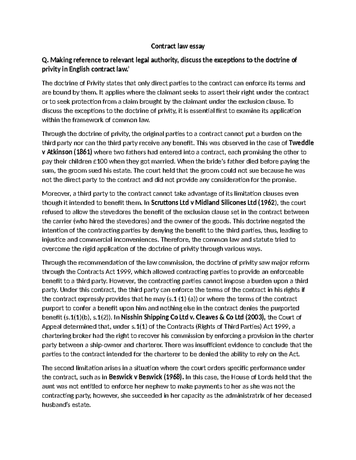 Contract Law Essay: Exceptions to the Doctrine of Privity in English ...