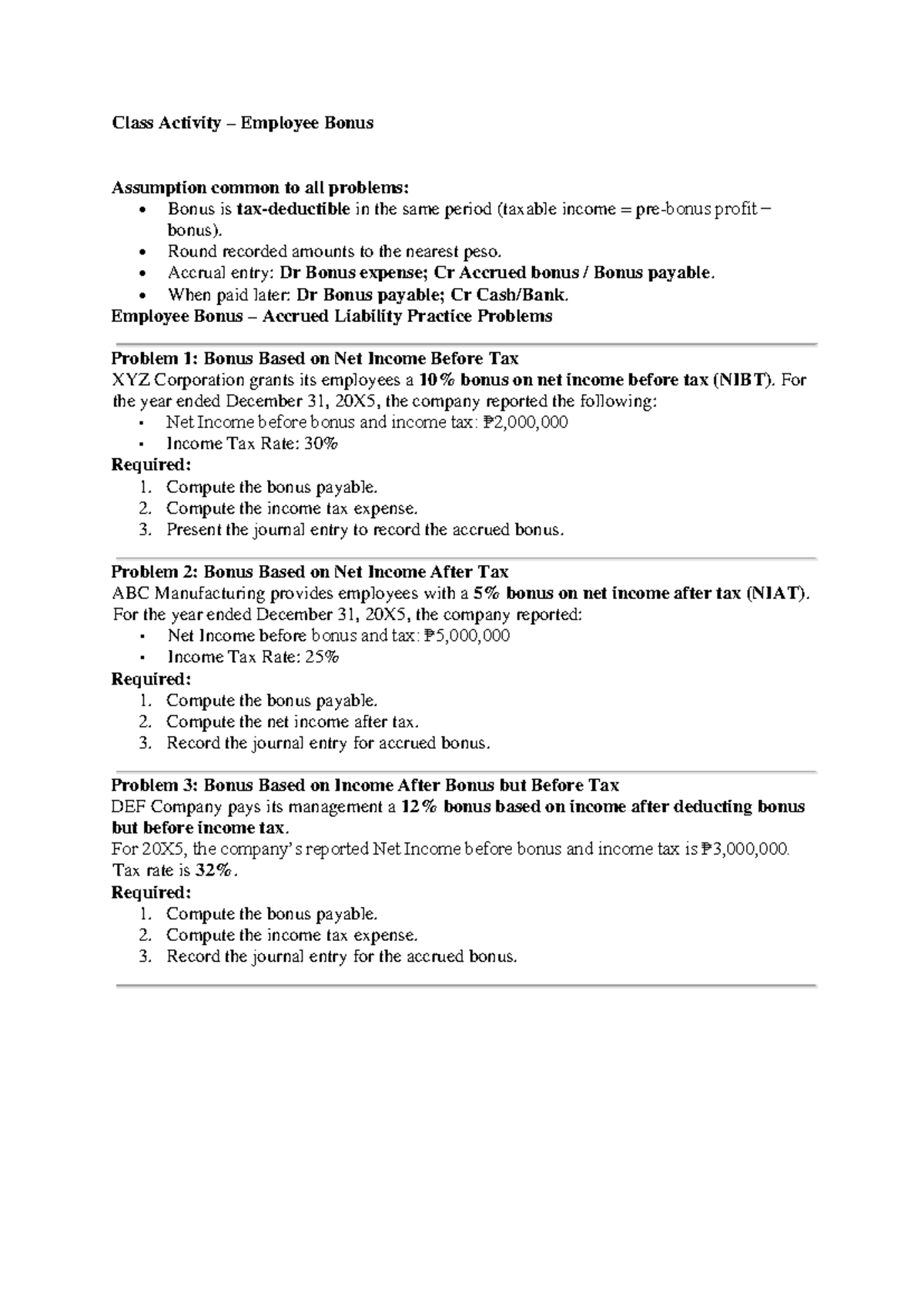 S4 Class Activity: Employee Bonus Calculation Problems - Studocu