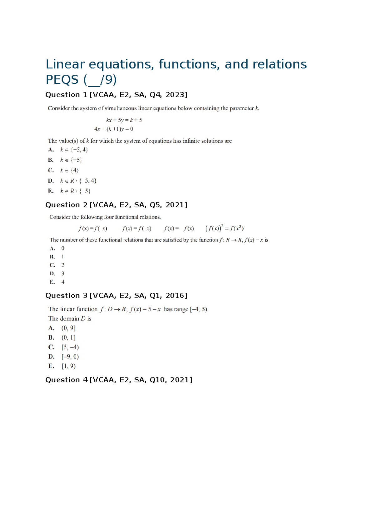 Linear equations, functions, and relations PEQS - Solutions - Linear ...