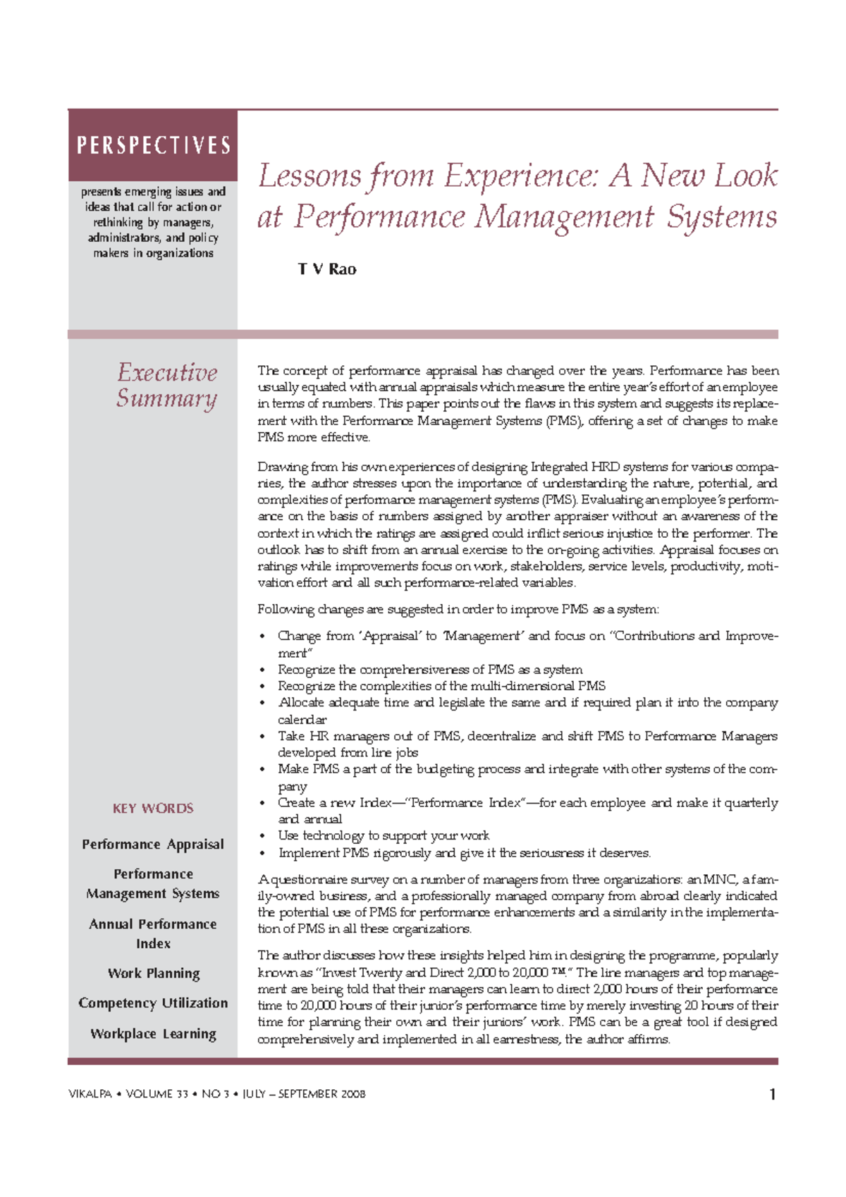 Performance Management Systems: Lessons from Experience by Prof. T.V ...