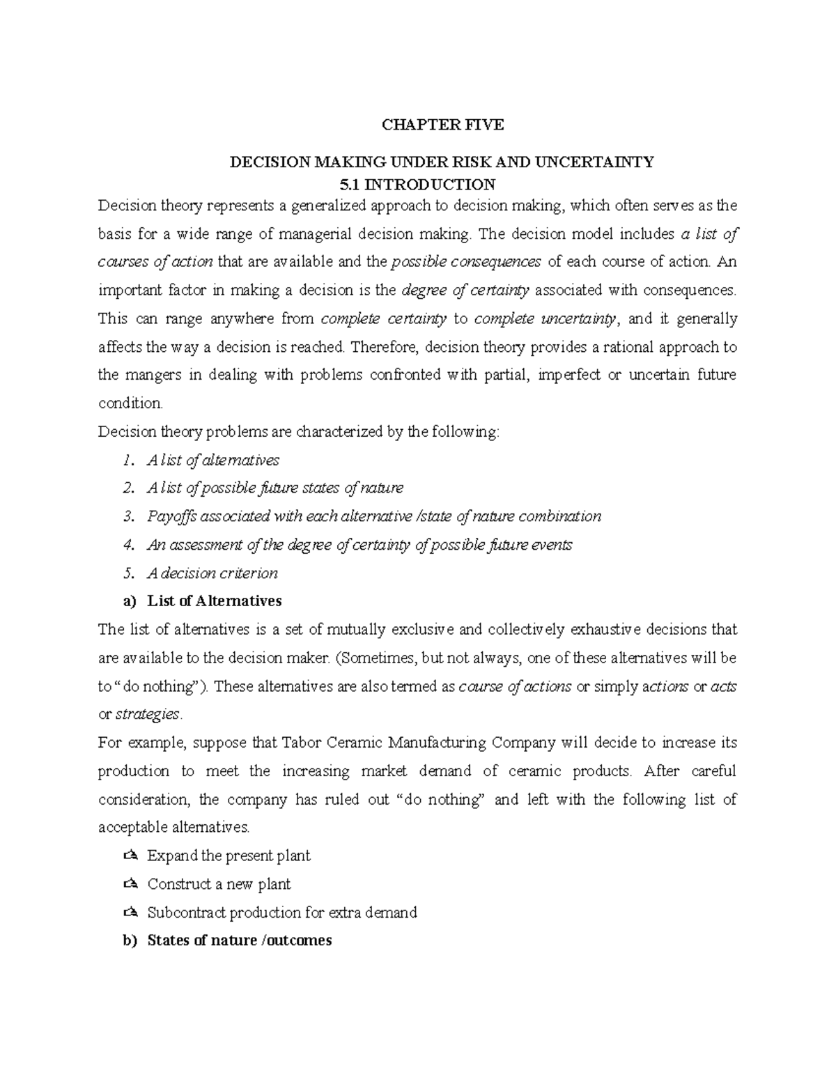 Decision Making Under Risk and Uncertainty: Chapter 5 Insights - Studocu