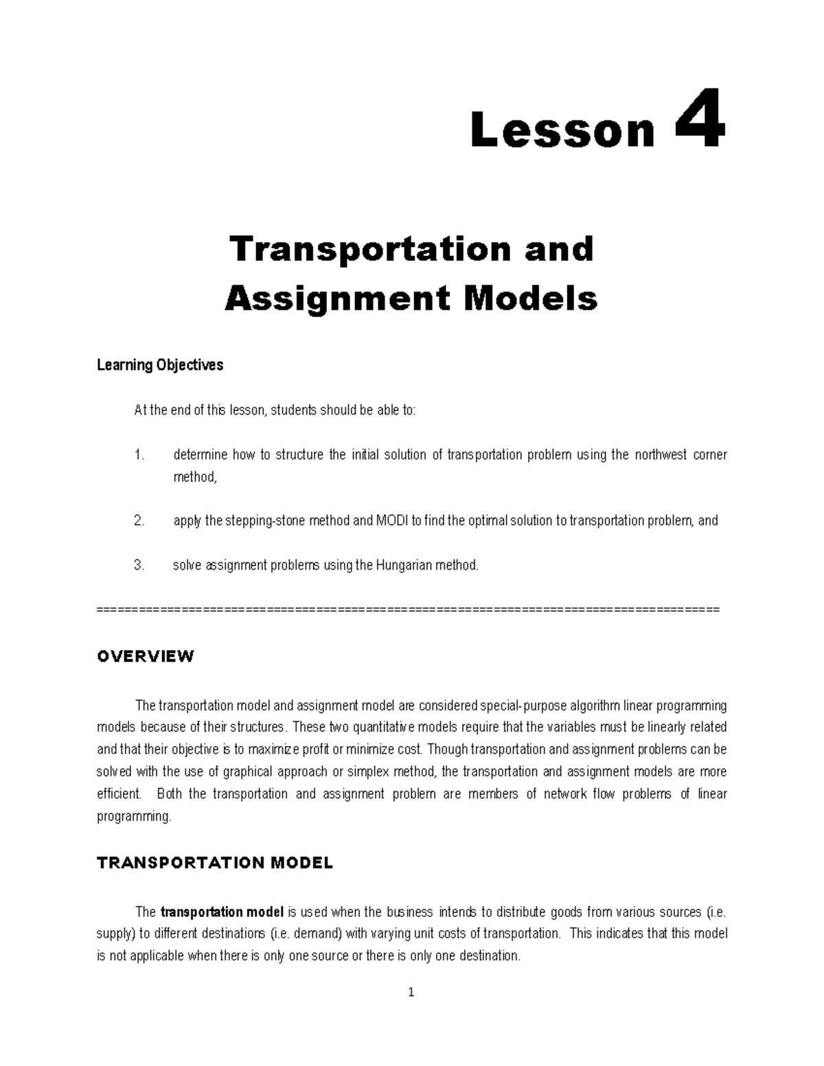 Lesson 4 - transportation and assignment - Lesson 4 Transportation and ...