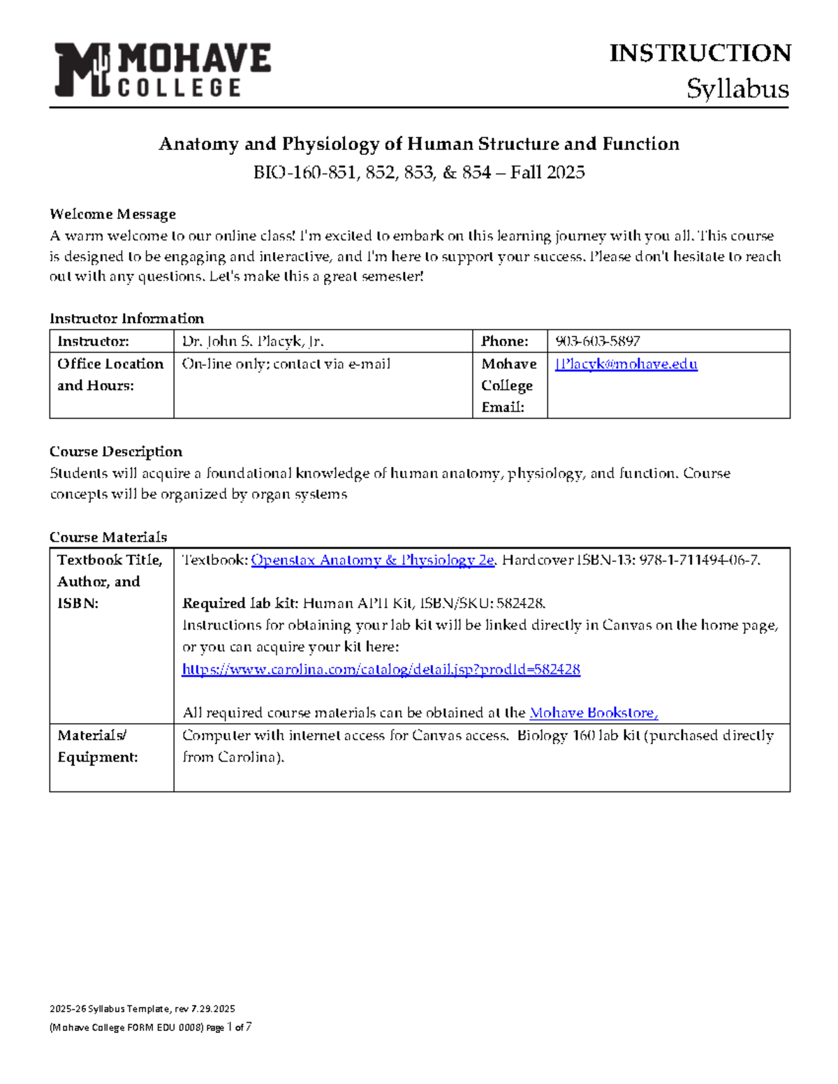 BIO 160 Fall 2025 Syllabus: Anatomy & Physiology Overview - Studocu