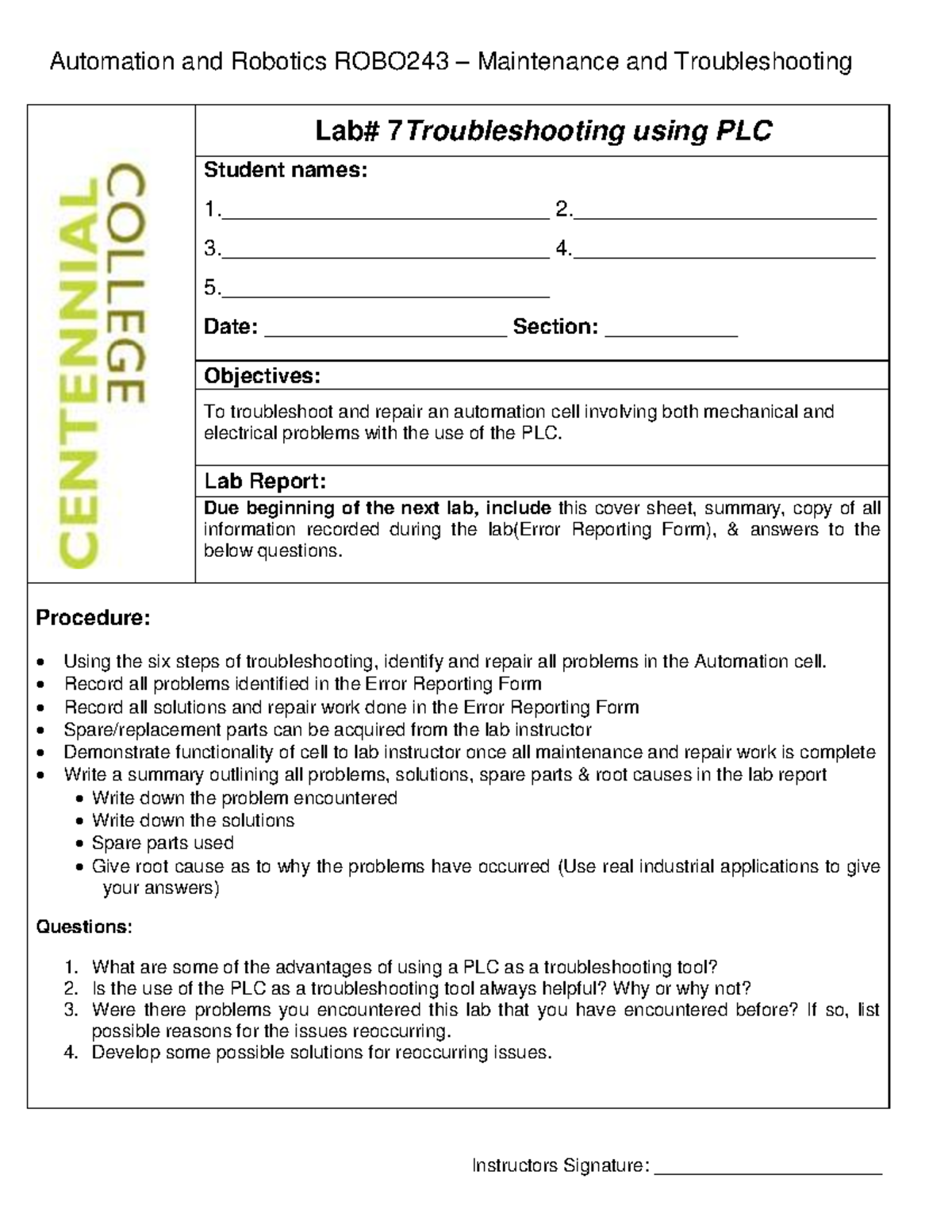 Robo243 Lab 7 - Automation cell maintenance and troubleshooting report ...