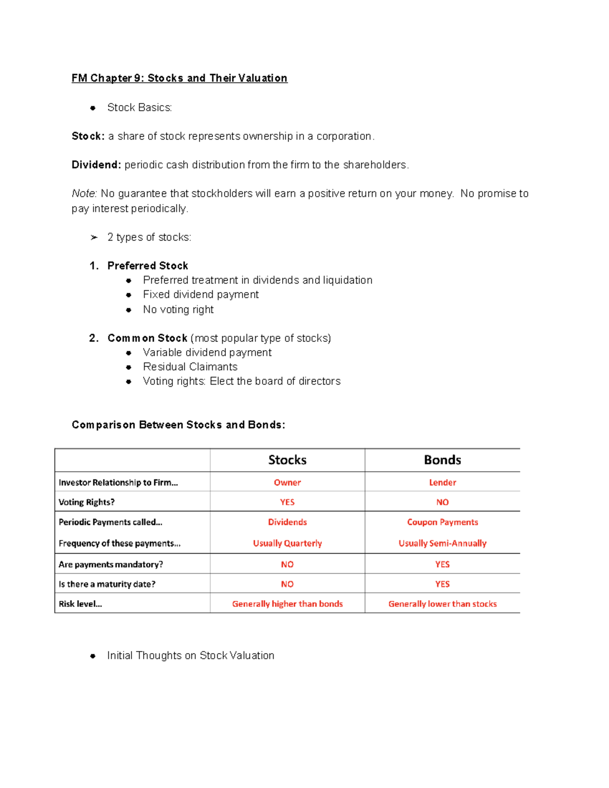 FM 9: Stocks & Valuation Notes - Prof. Zhou (Fundamentals of Finance ...