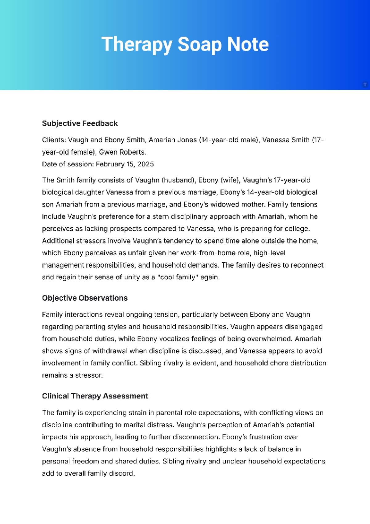 Therapy SOAP Note: Family Dynamics & Client Feedback (Feb 15, 2025 ...