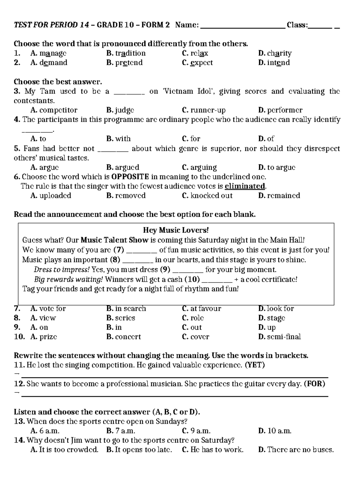 TEST FOR PERIOD 14 G10 - Pronunciation and Comprehension Quiz - Studocu