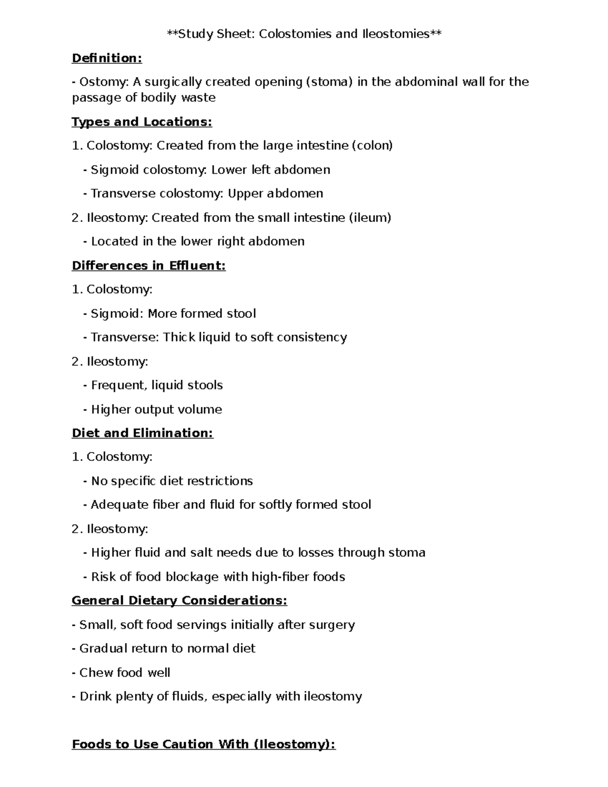 Ostomy Study Sheet: Colostomies & Ileostomies Overview - Studocu
