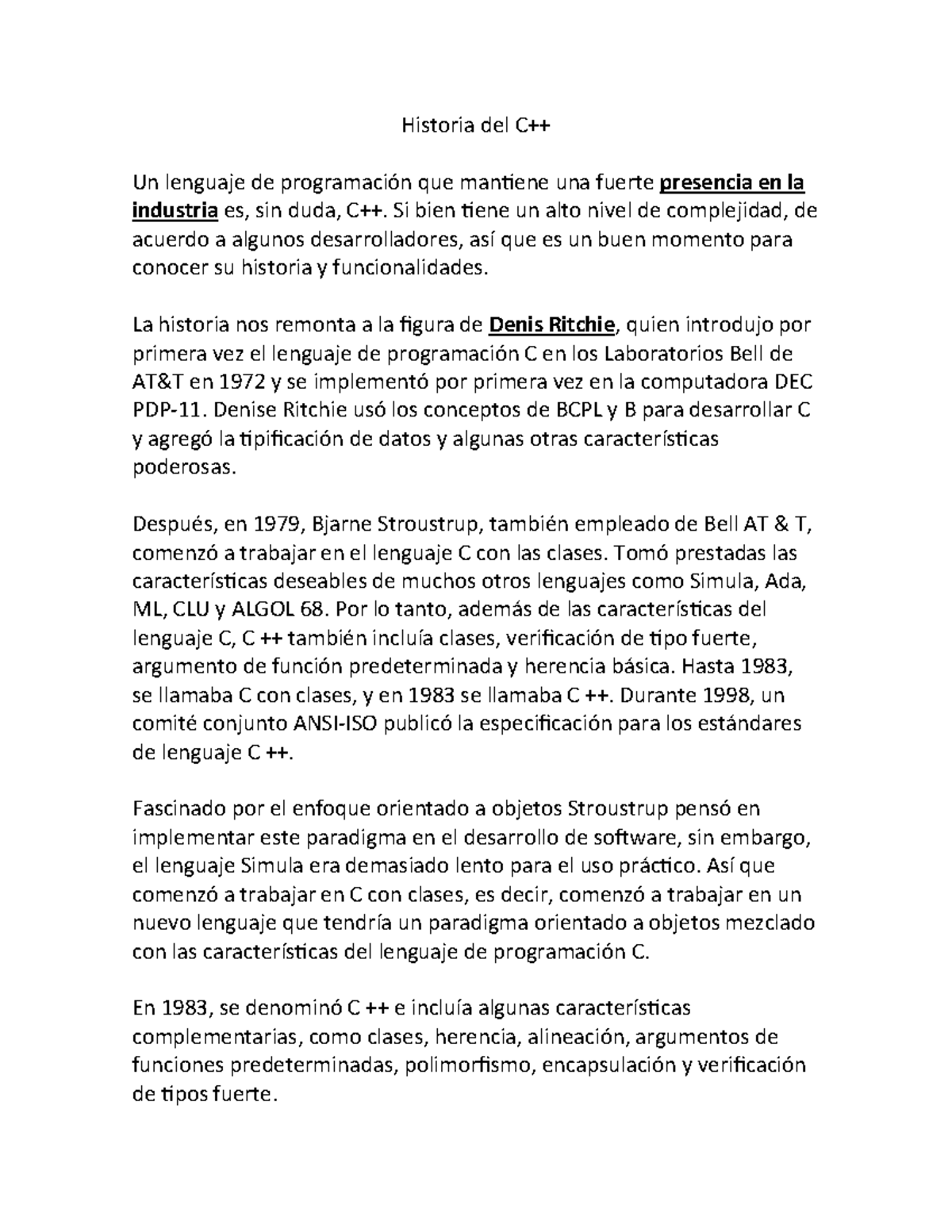 Historia del Lenguaje C++ - IBF - Studocu