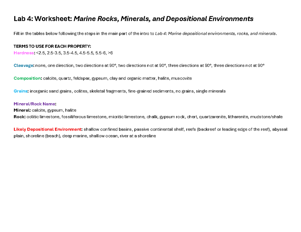 Lab 4 Worksheet: Marine Rocks, Minerals & Depositional Environments ...