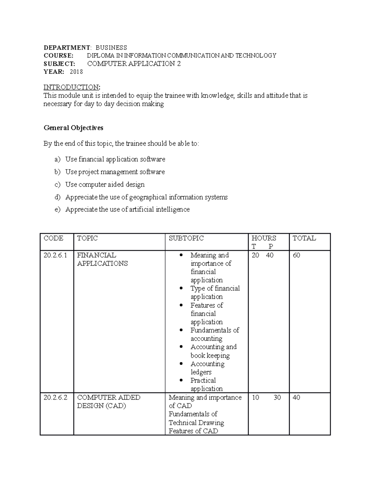 Course Outline for Computer Application 2 (Diploma ICT) - Studocu