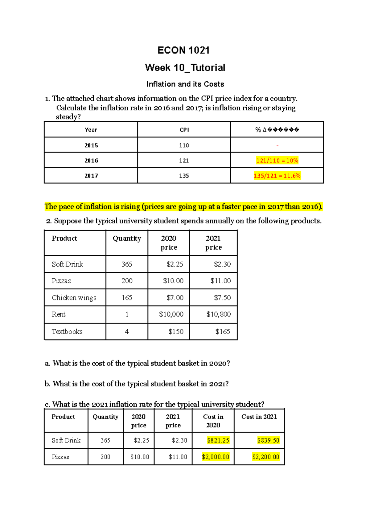 ECON 1021 Week 10 Tutorial: Inflation Analysis & Student Costs - Studocu