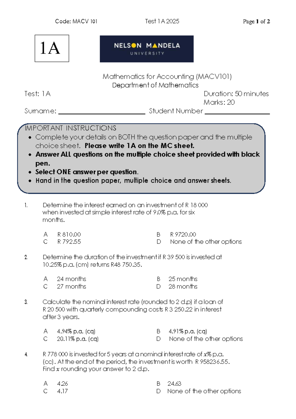 MACV 101 Test 1A 2025: Mathematics for Accounting Exam - Studocu