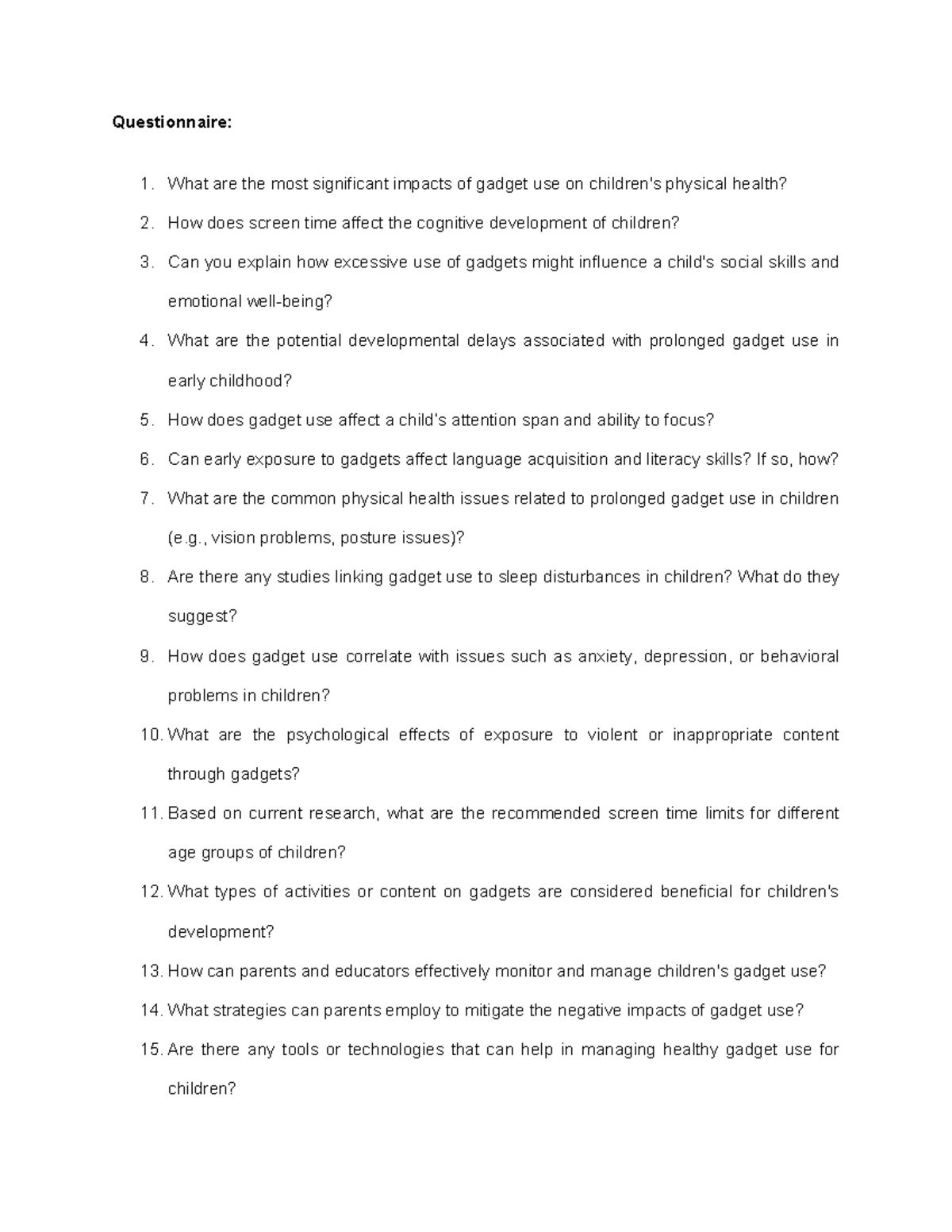 Questionnaire on Gadget Use Impacts on Child Development - Studocu