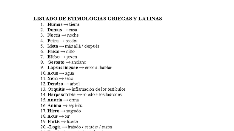 Listado de Etimologías Griegas y Latinas - Curso 1 - Studocu