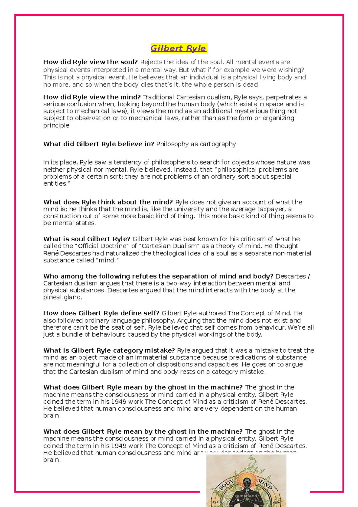 Gilbert Ryle's Philosophy: Mind, Soul, and Behavior Explained - Studocu