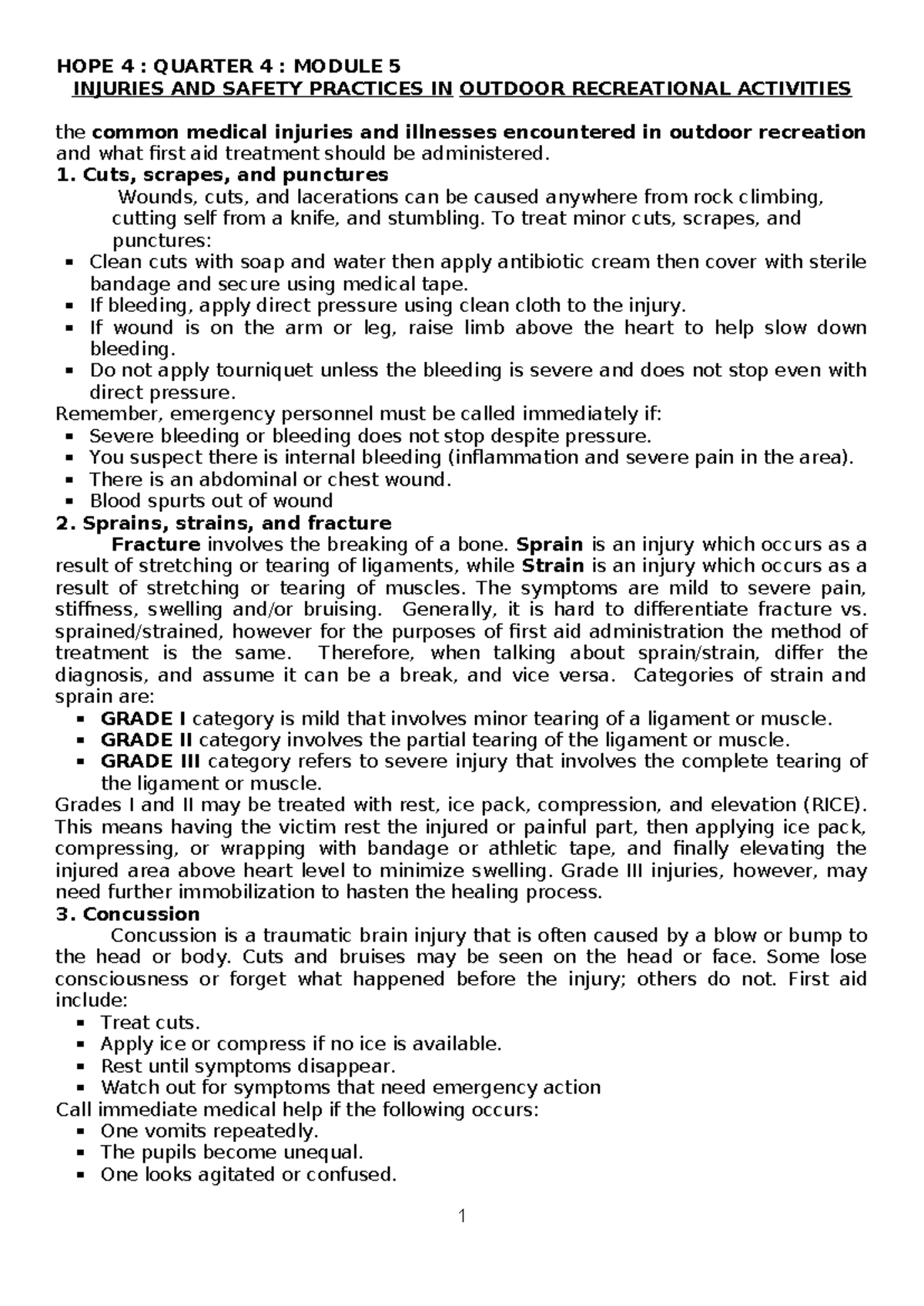 HOPE 4: Q4 Module 5 - Injuries & Safety in Outdoor Recreation - Studocu