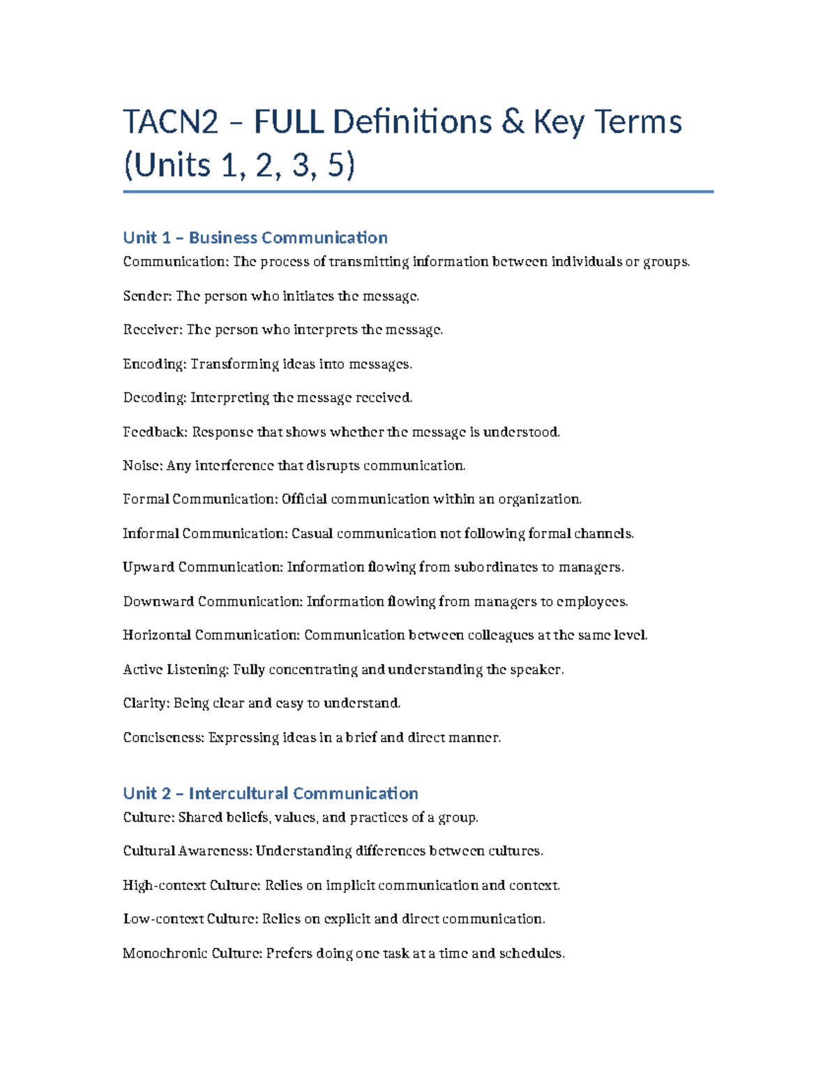TACN2 Key Terms Definitions: Business & Intercultural Comm. - Studocu