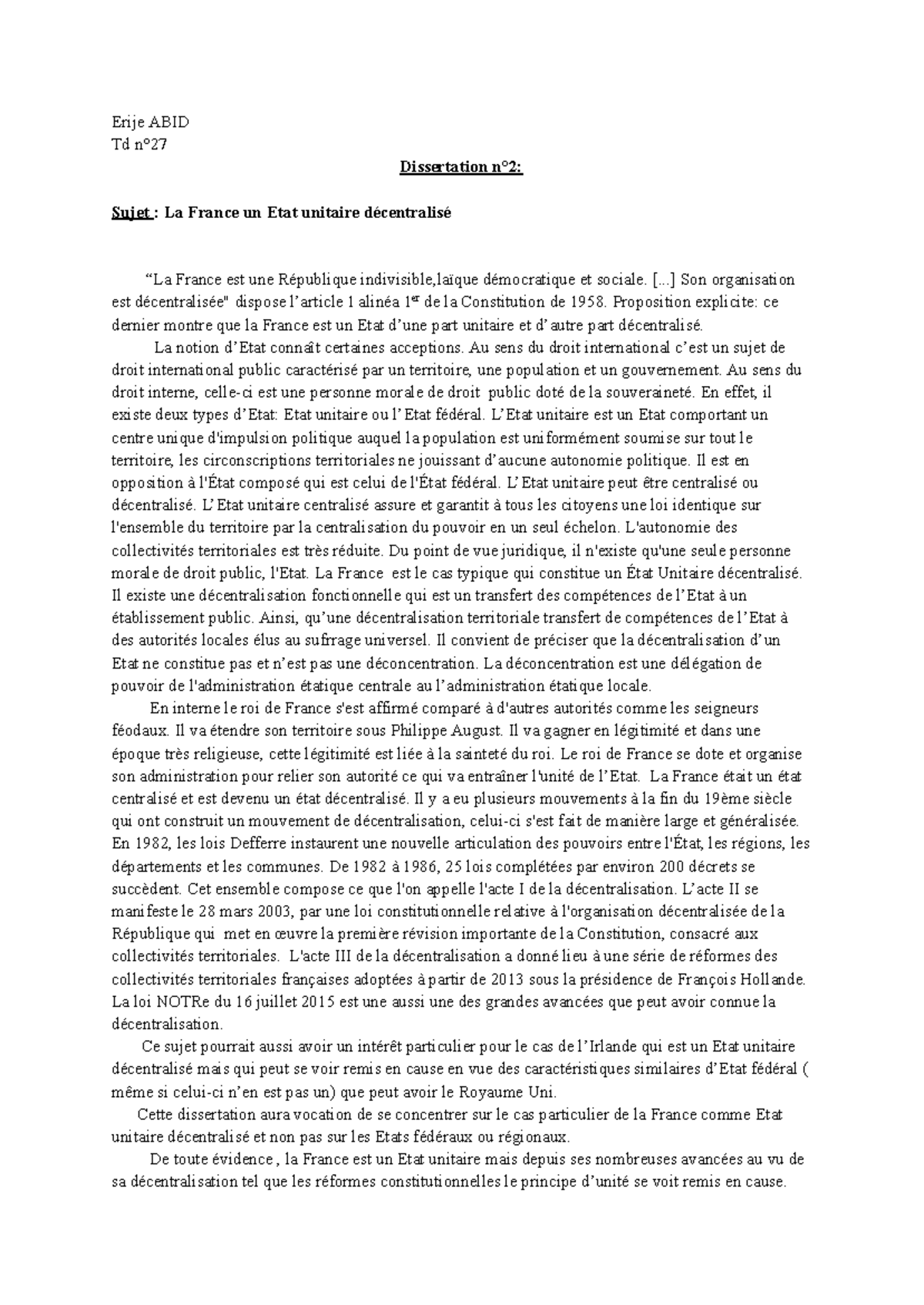 Dissertation n°2 - La France : État Unitaire et Décentralisé - Studocu