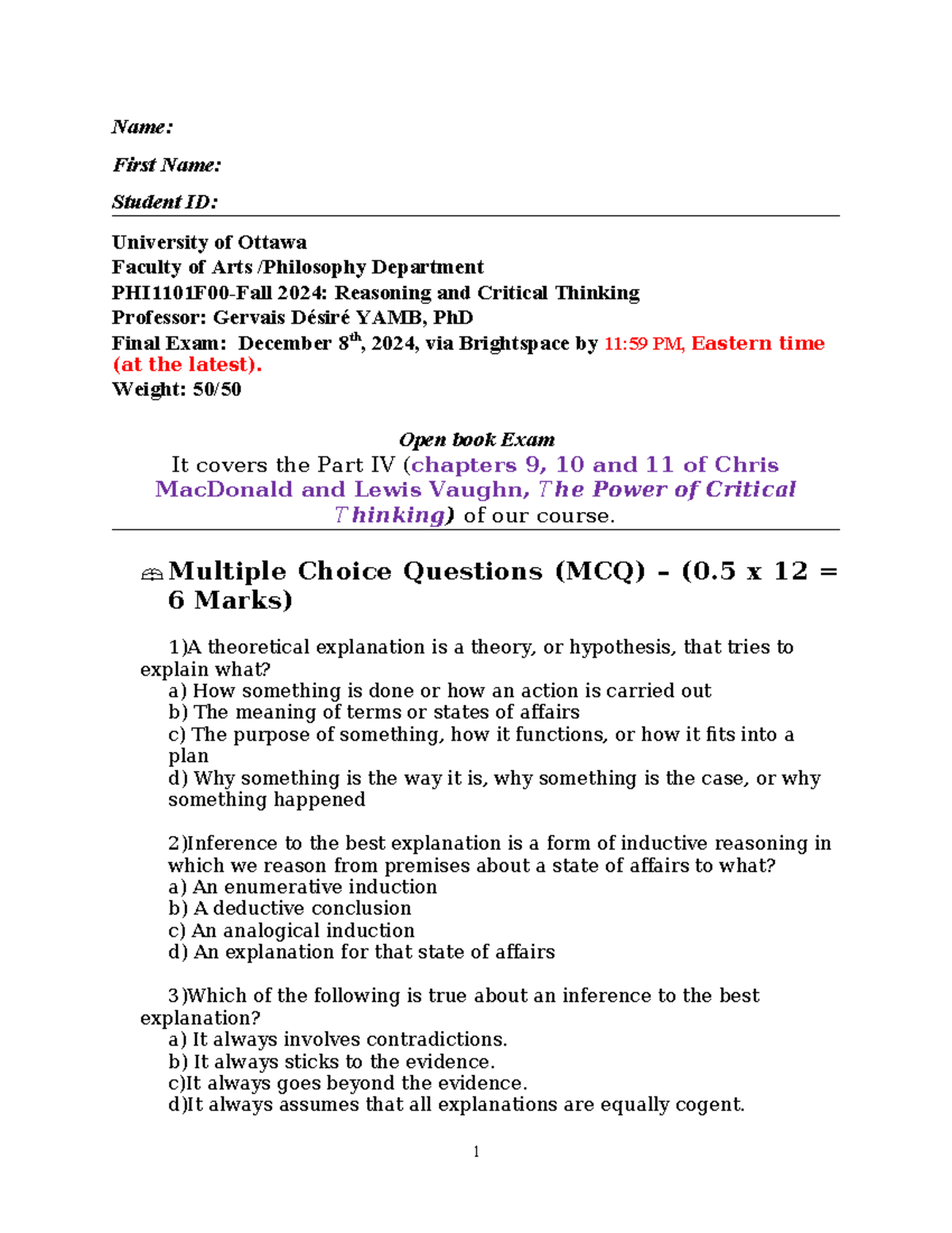 Final Exam Study Guide - PHI1101 F00 Fall 2024: Reasoning & Critical ...