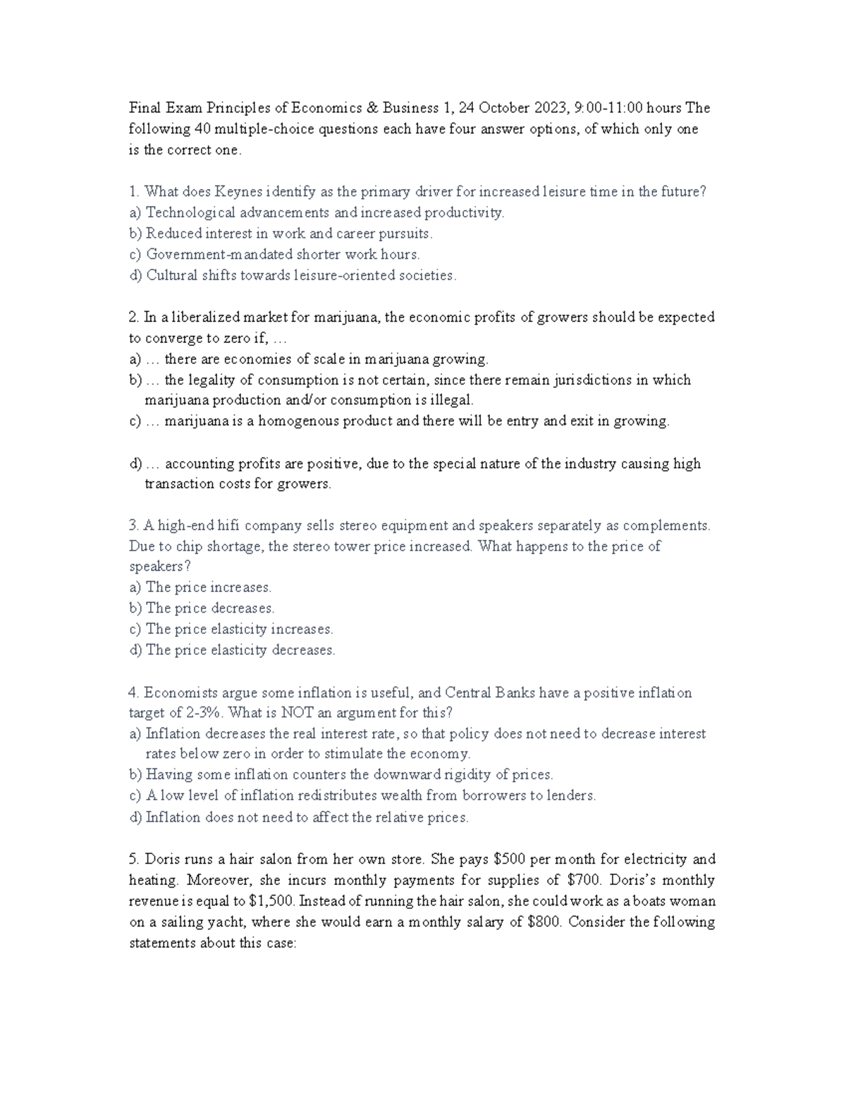 Final Exam Principles Exam 2023 with Answers for Economics & Business 1 ...