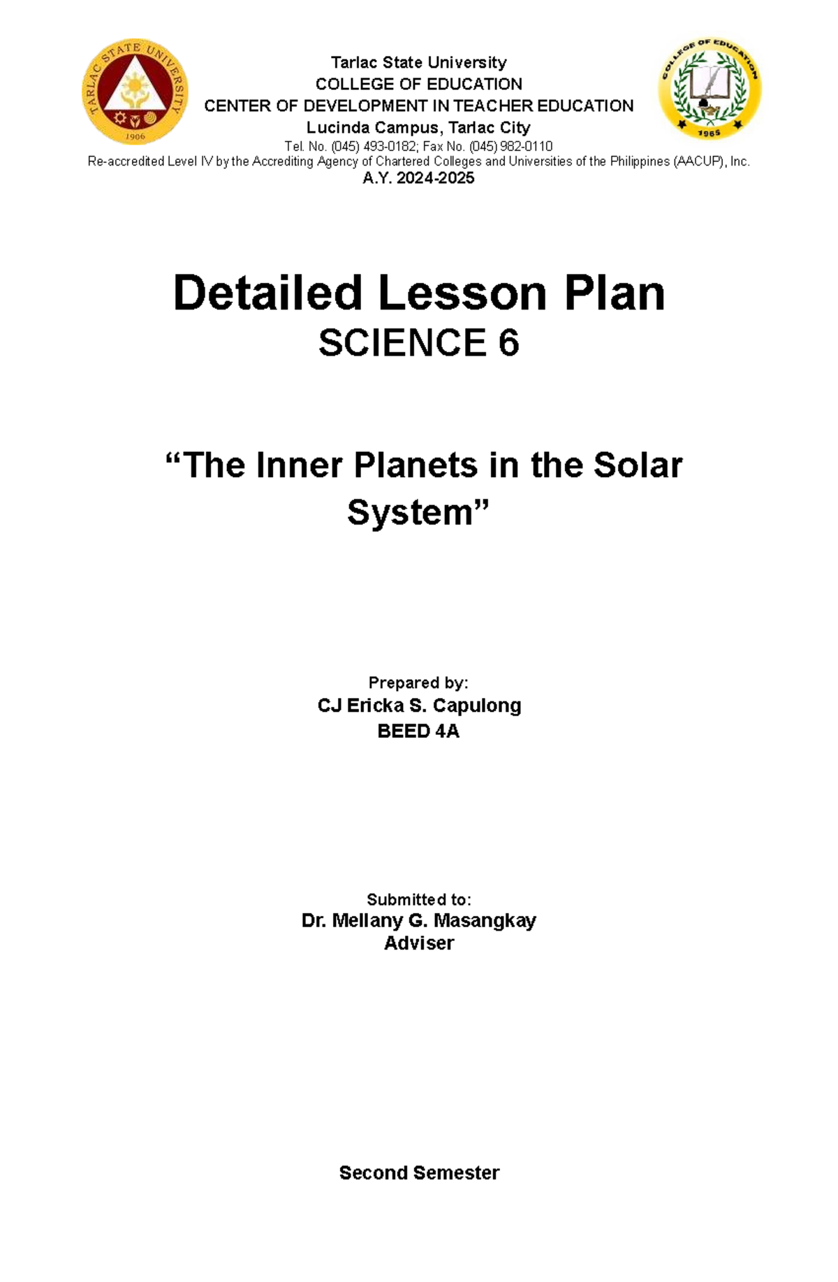 Detailed Lesson Plan: Inner Planets of the Solar System (SCI 6) - Studocu