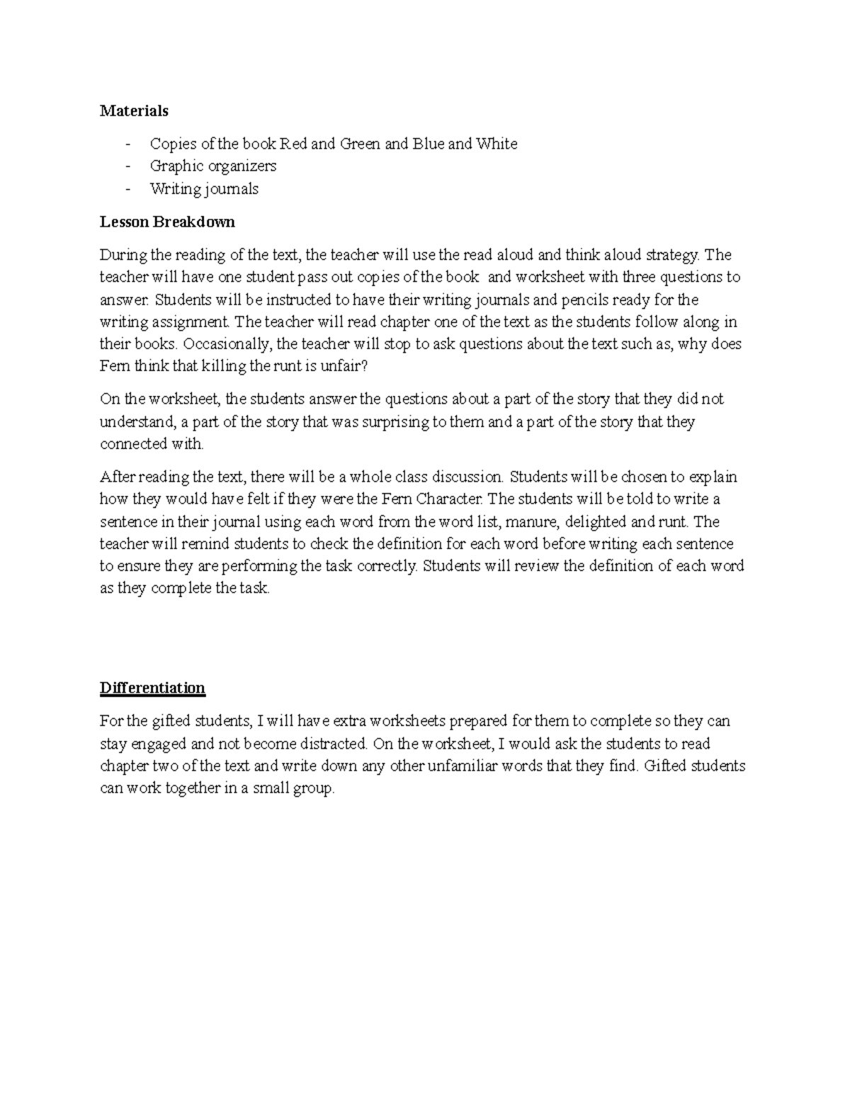 D670 - Lesson Breakdown: Red and Green and Blue and White - Studocu