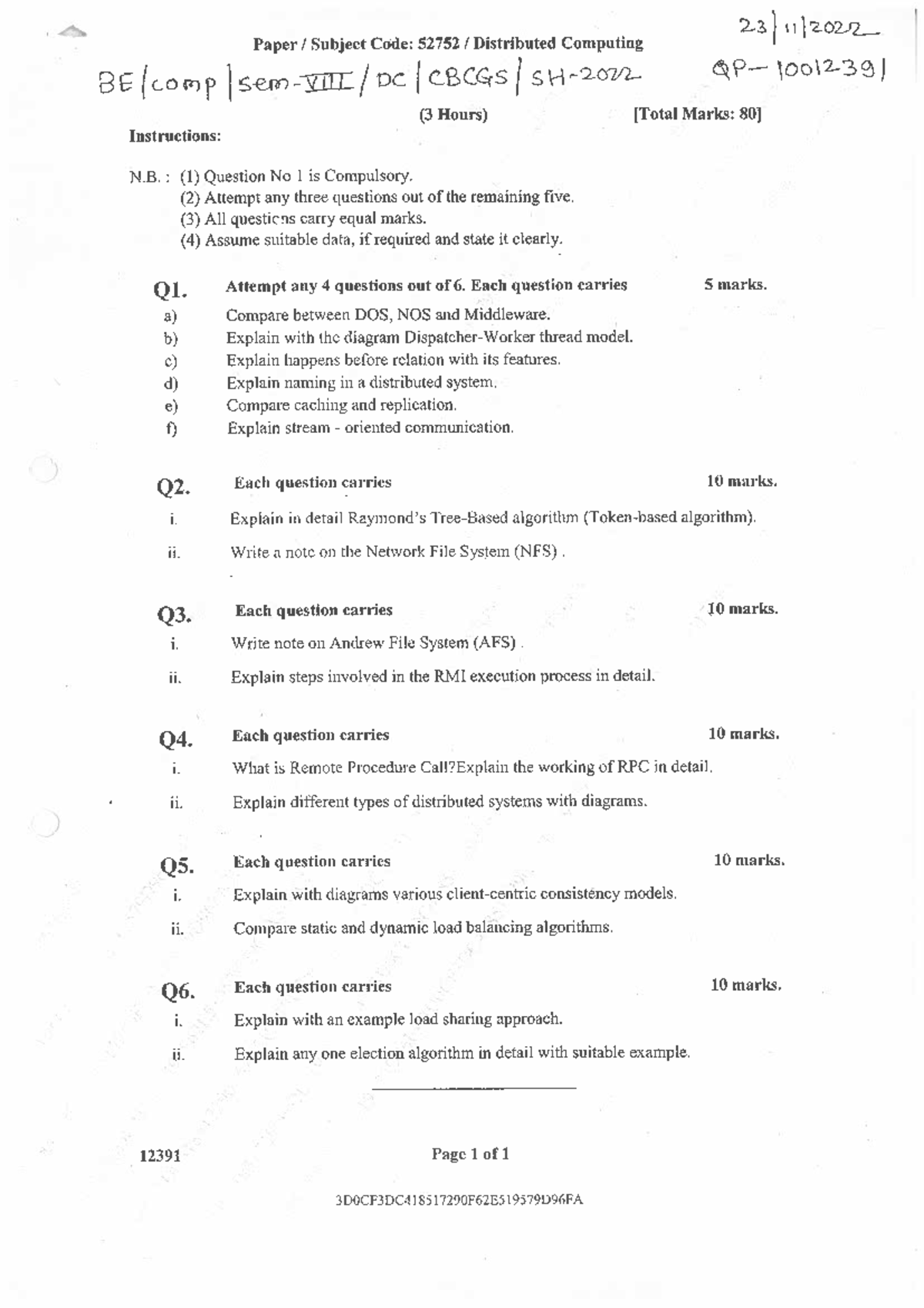 COMP - DC Dec 2022 - Distributed Computing Question Paper - Studocu